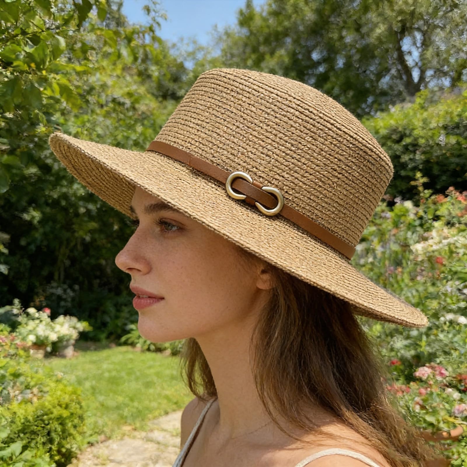 Cappello Panama per uomo e donna, a tesa larga, con parte superiore piatta, stile francese, con fibbia in finta pelle, protezione UV, cappello da spiaggia