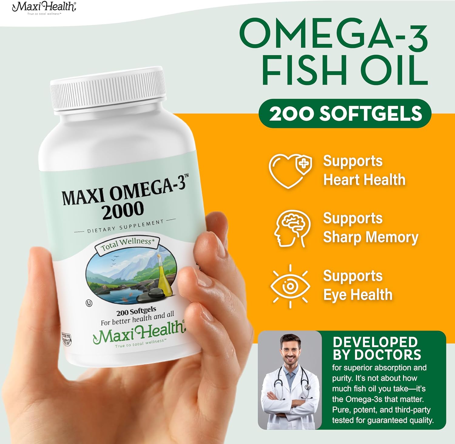 Omega 3 Supplement - Omega-3 Fish Oil 2000mg - Natural Source of EPA & DHA - Heart, Brain & Joint Health - Kosher Certified Wild Caught Marine Fish - 200 Vegetarian Softgels by Maxi Health - Image 2