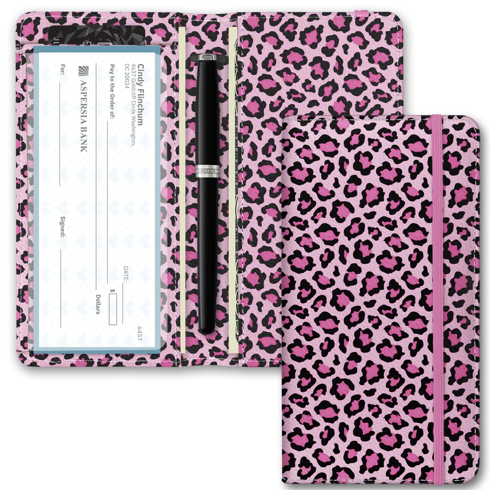 Checkbook Cover for Men Women, Premium Leather Checkbook Holder with RFID Blocking and Built in Clear Plastic Divider for Personal and Business Checks (Leopard-Pink)