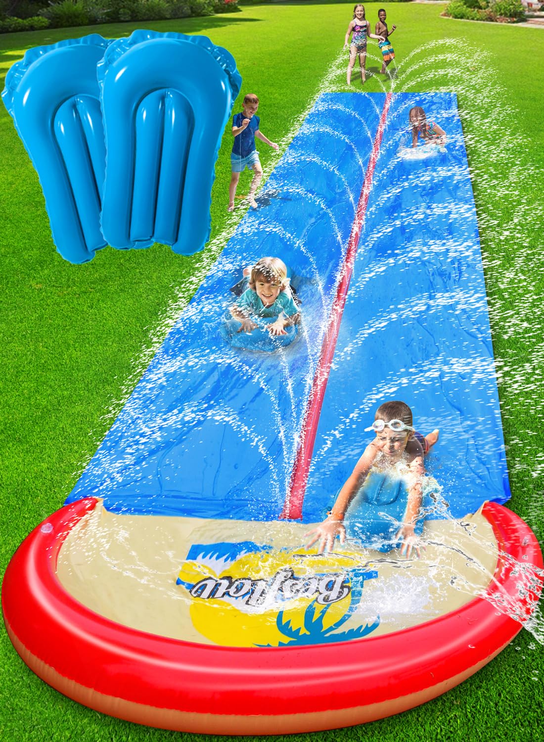 Slip and Water Slide for Kids and Adults Extra Long Heavy Duty Lawn Backyard Water Slides with Two Inflatable Bodyboards and Double Lane Water Toys Summer