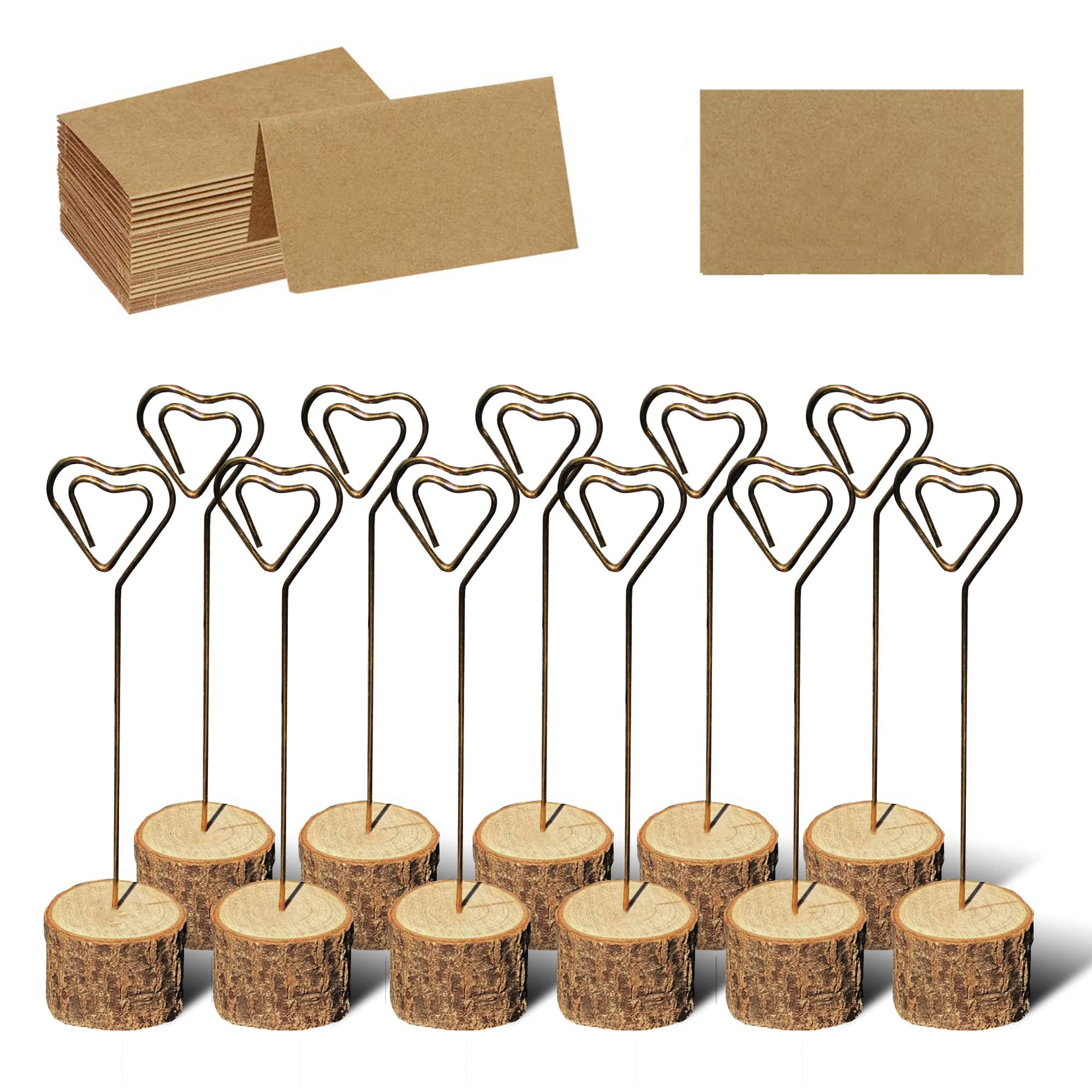 KASTWAVE 20 Pcs Wood Place Card Holders with 30 Swirl Wire and Kraft Paper Cards Table High Quality Name Note Clip Photo Holder 5.7'' For Wedding Reception Wedding Ceremony, Fair, Home Decorations