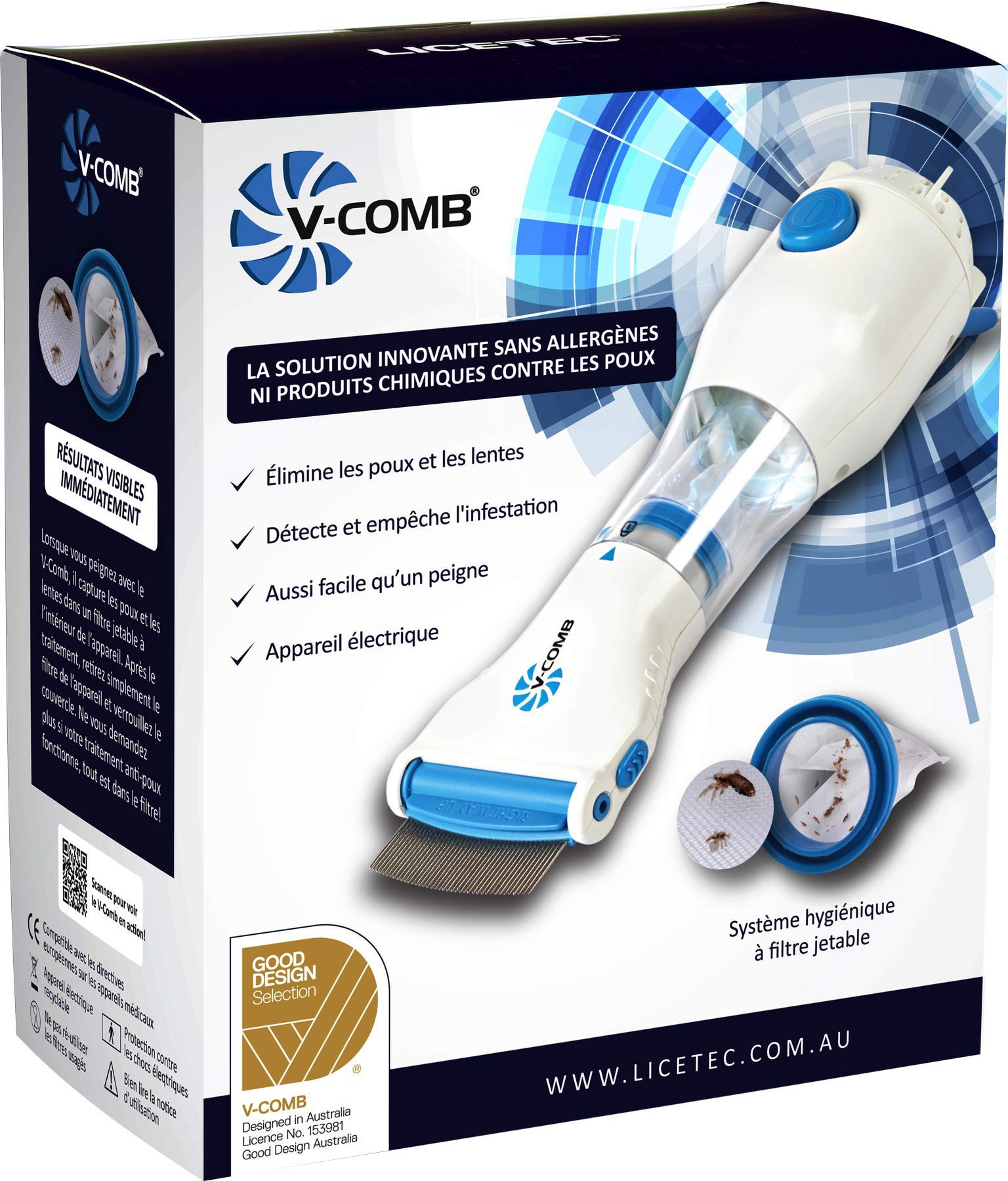 Peine de piojos V-comb + caja de 8 filtros