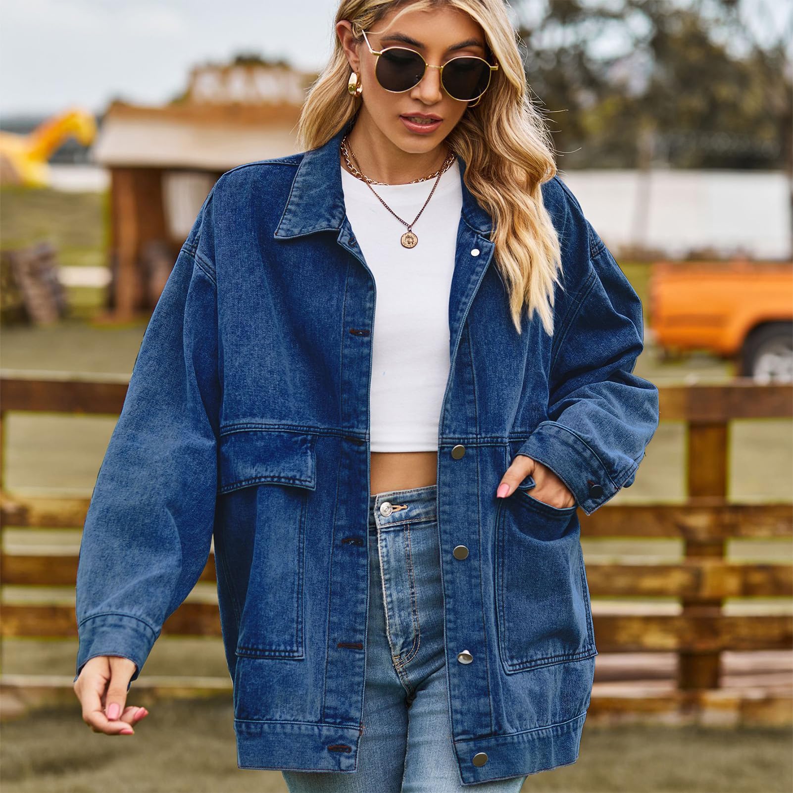 Femme Oversize Mi Longue Denim Veste Manches longues Jean Tenues