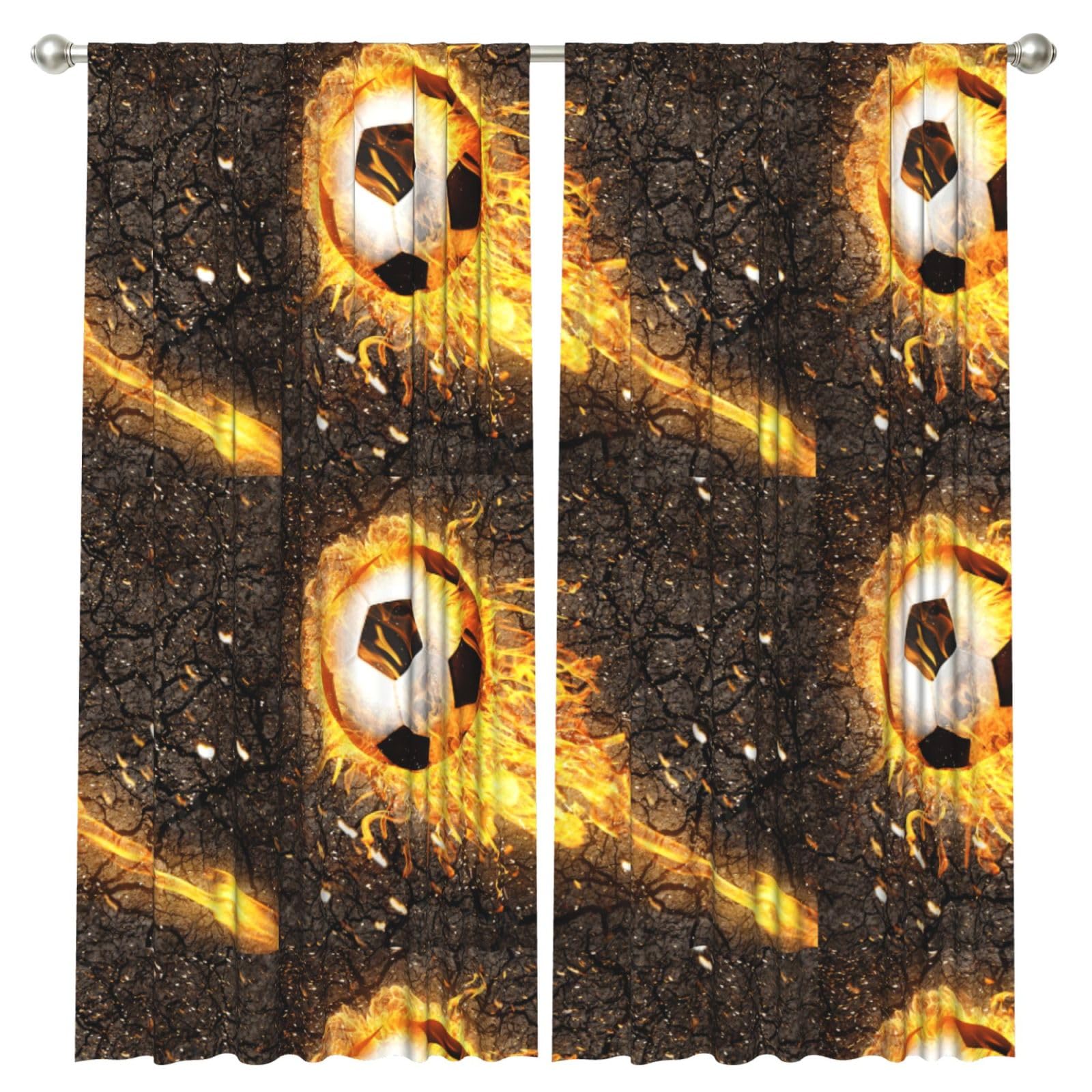 InOmak Soccer Ball In Burning Fire Flames, 2 Panels Window Curtains 52 x 84 Inch Blackout Curtains for Living Room Bedroom