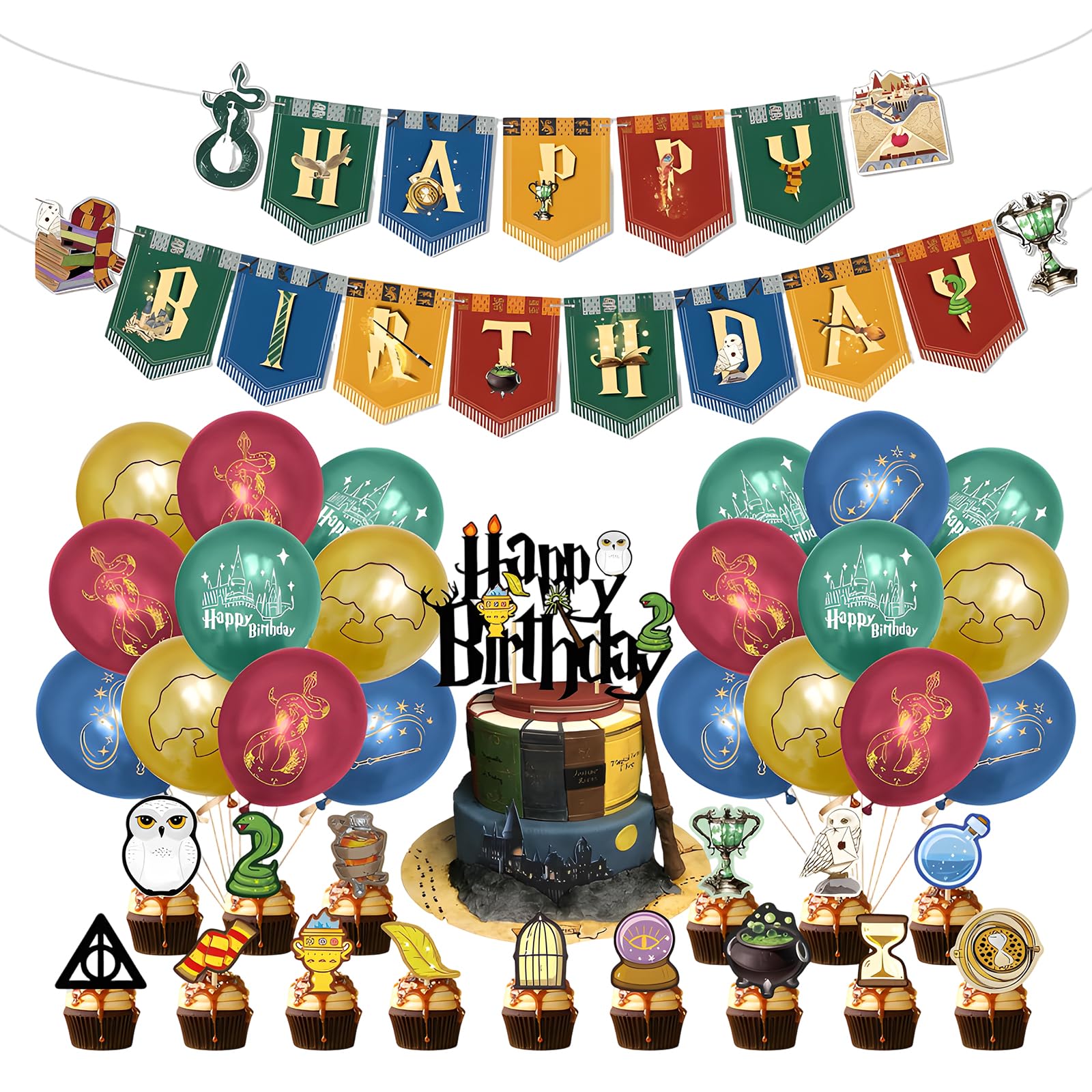 GxouQcn Wizard Birthday Party Decoration, 38 Pcs Happy Birthday Decoration with Balloons and Cake Toppers, Themed Celebrations, Full of Magic Birthday Party Decoration Supplies