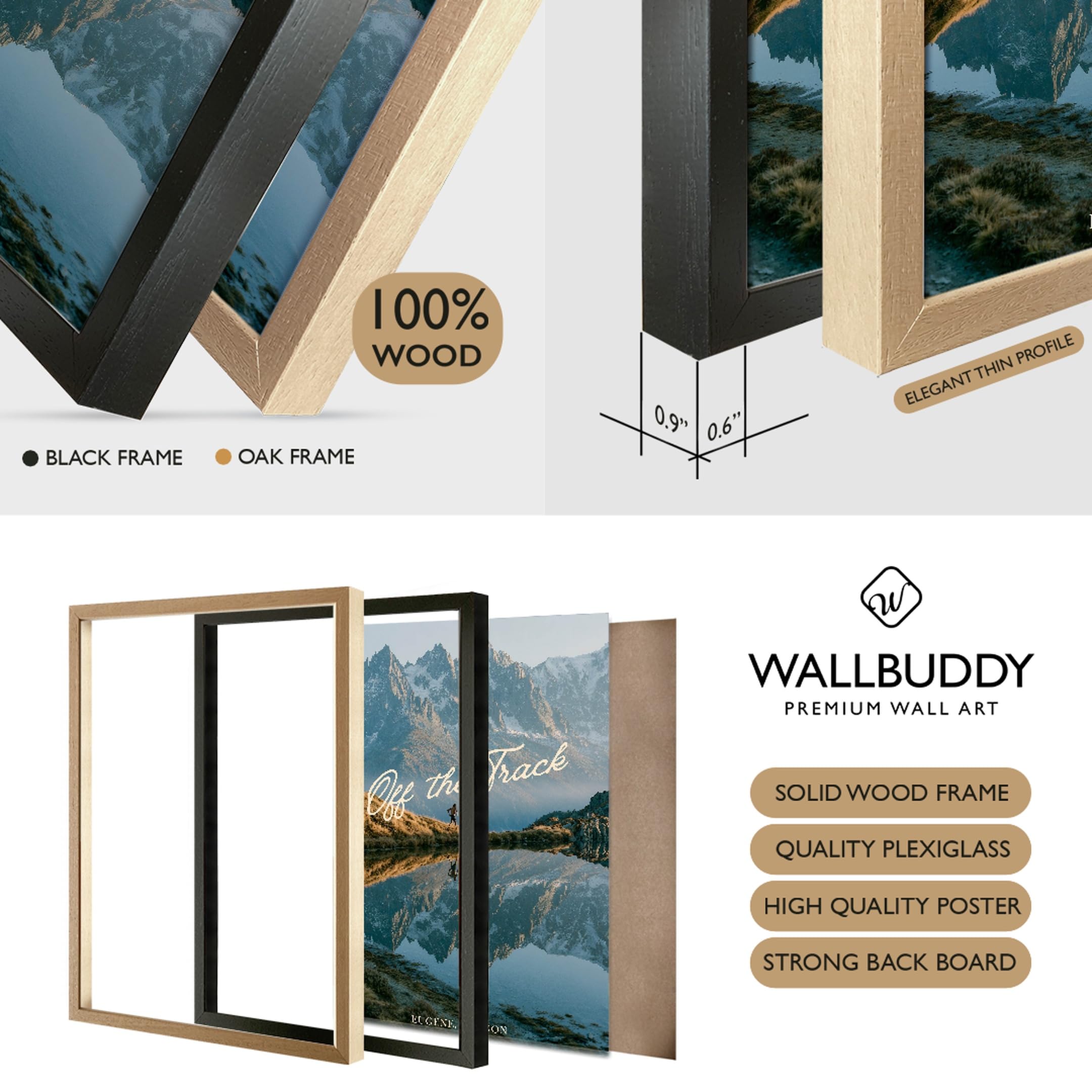 WallBUddy Bergreflexion Wandkunst Druck | Mal (50 x 70 cm, Schwarz gerahmt)