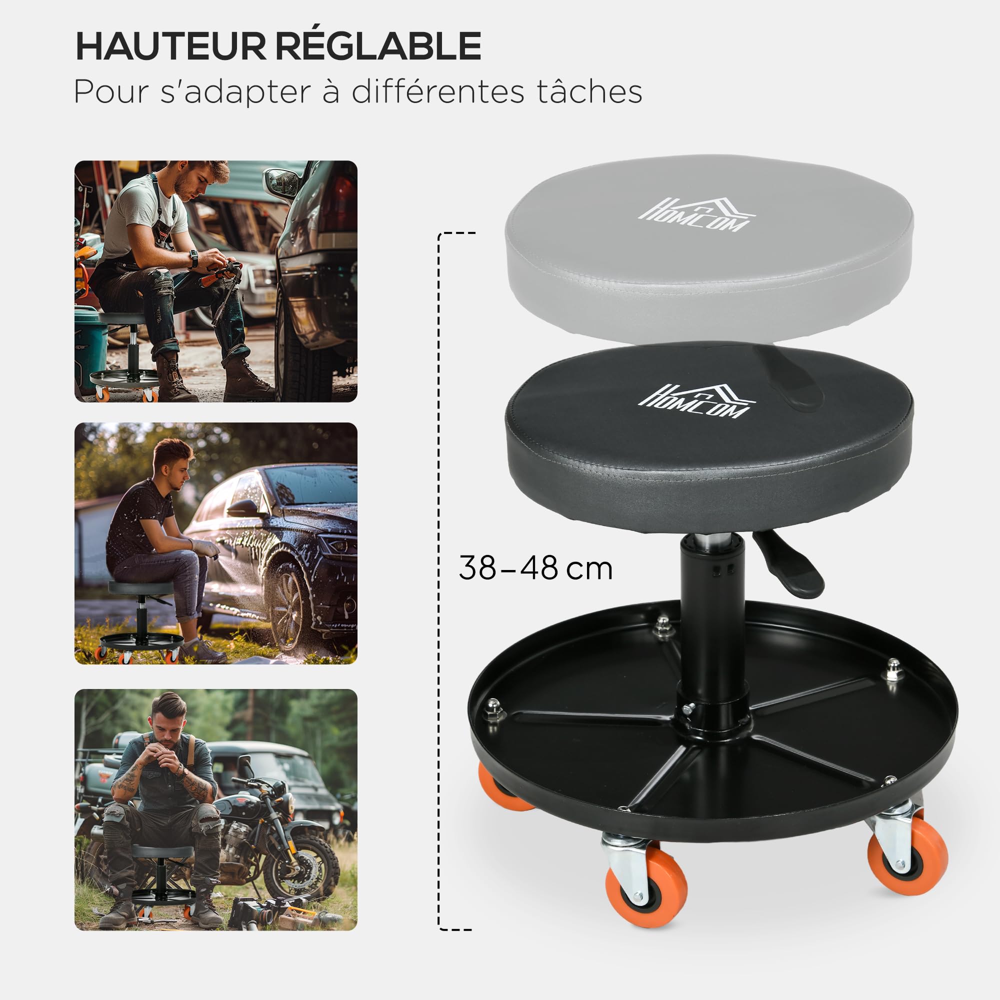 HOMCOM Tabouret de mécanicien, Hauteur Réglable, Siège Pivotant, Noir | Servante d'Atelier, Tabouret d'Atelier à Roulettes, Plateau de 100 kg, pour le Garage et la Réparation Automobile