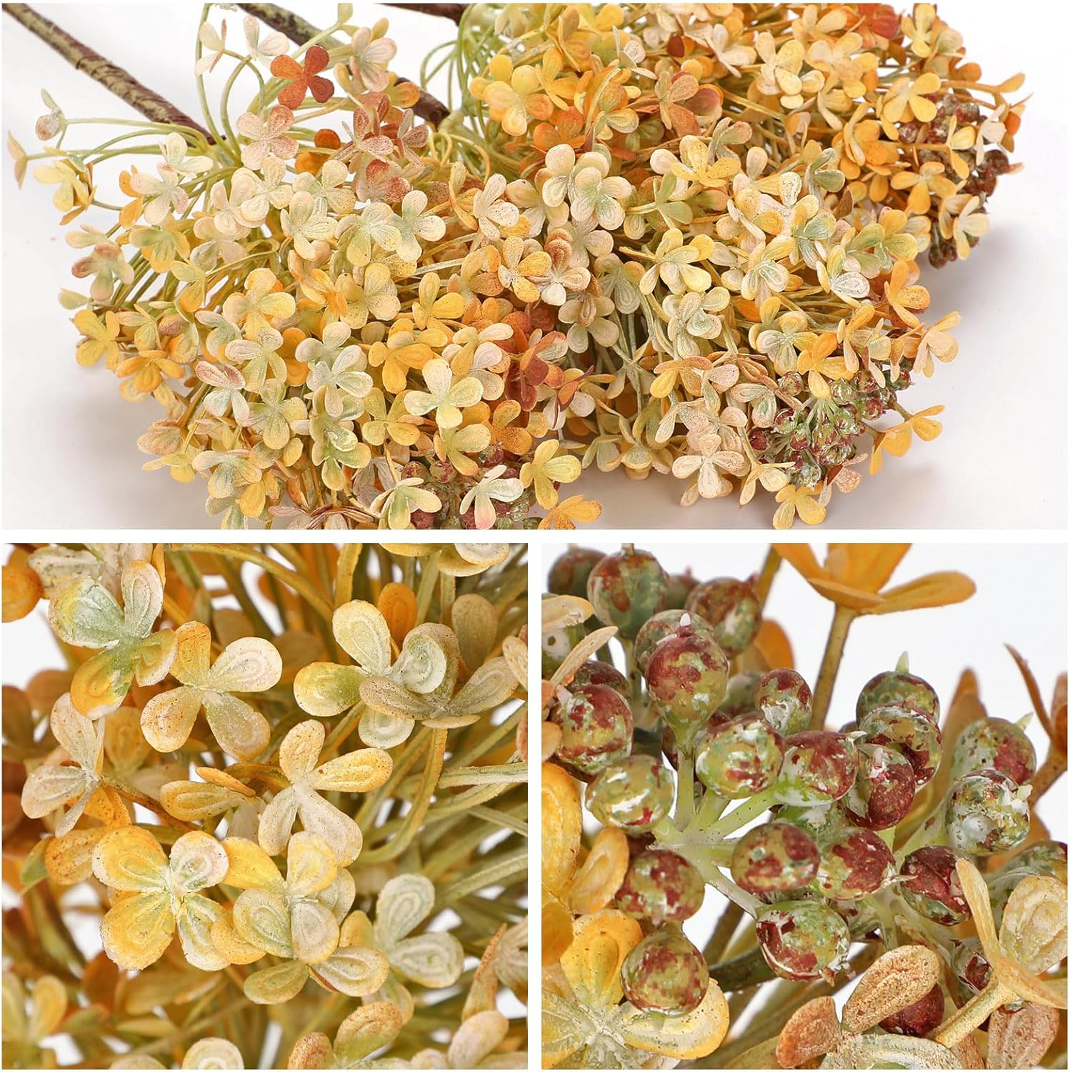 3 Pcs Hydrangea Artificial Flowers Bouquets for Fall Home Decor, 16" Faux Hydrangea Stems with Flower Seeds for Autumn Floral Arrangements Centerpiece & Wedding, Silk Fake Cone Blooms in Orange Yellow - Image 2