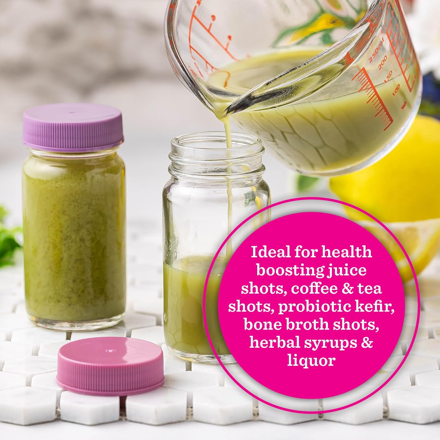 Glass Juice Shot Bottles with Caps, Clear, 2oz, Colored Lids & Silicone Grip Bands, Beverage Storage, Juicing, Ginger & Turmeric Bottles - Image 5