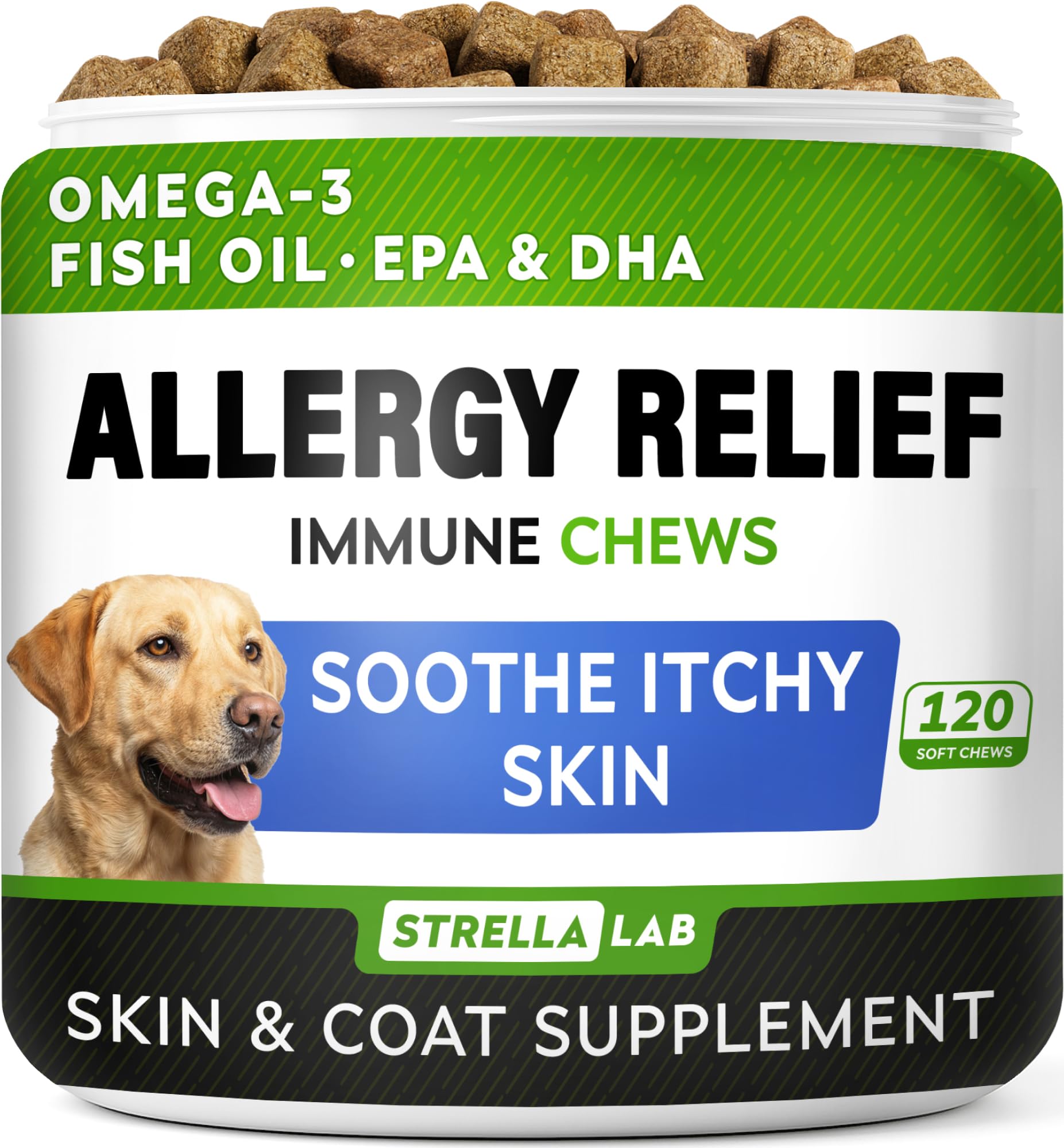 STRELLALAB Dog Allergy Relief + Itchy Skin Treatment with Omega 3 & Pumpkin, Dogs Itching & Licking Treats, Itch Chew, Supplements, Hotspot for Dogs, Anti Itch Support, Dog Skin & Coat Supplement