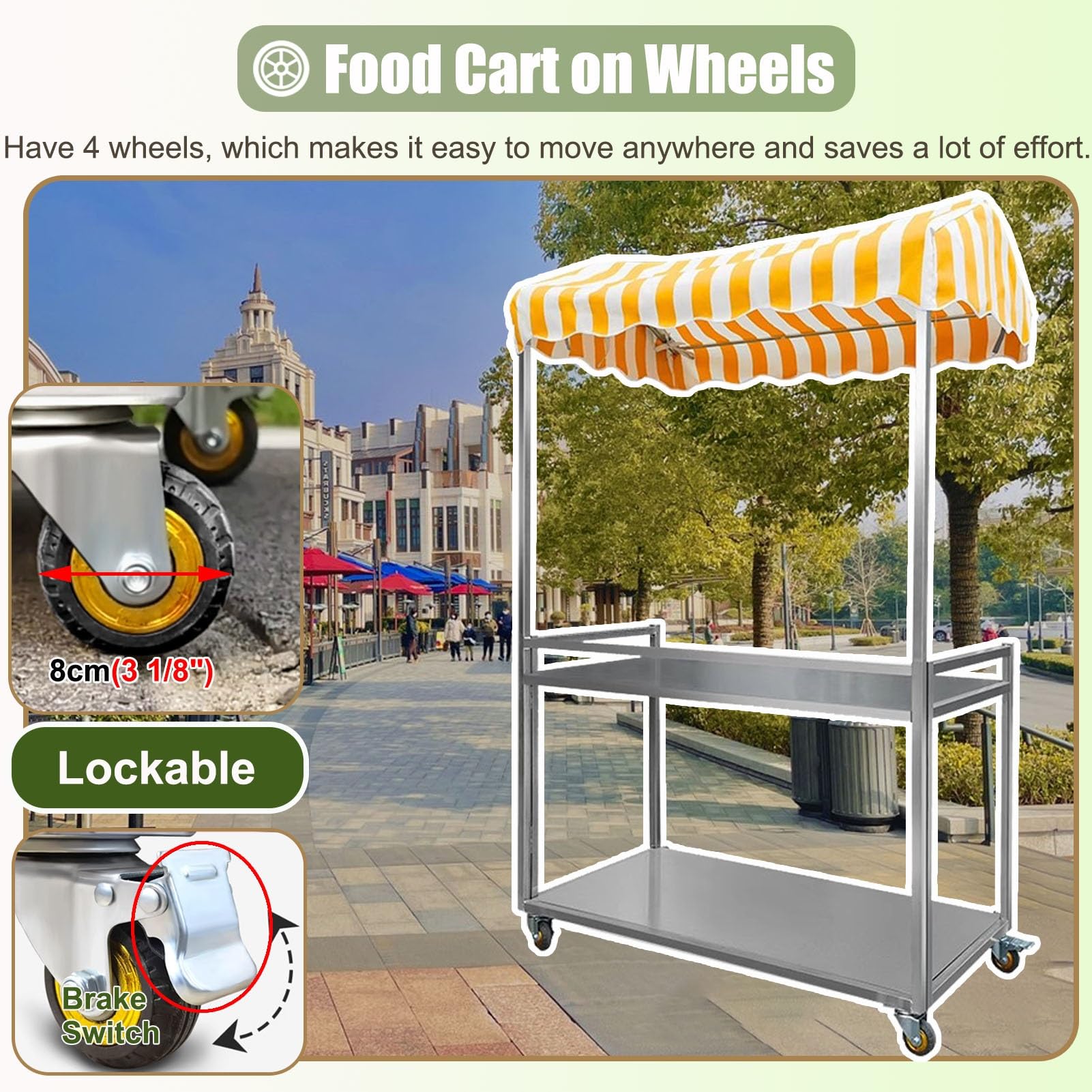 Chariot de Restauration Pliable à roulettes pour Commerce, Stand de Vente galvanisé à 2 Niveaux avec auvent, kiosque de Concession pour marché/événements en Plein air (Bleu, largeu