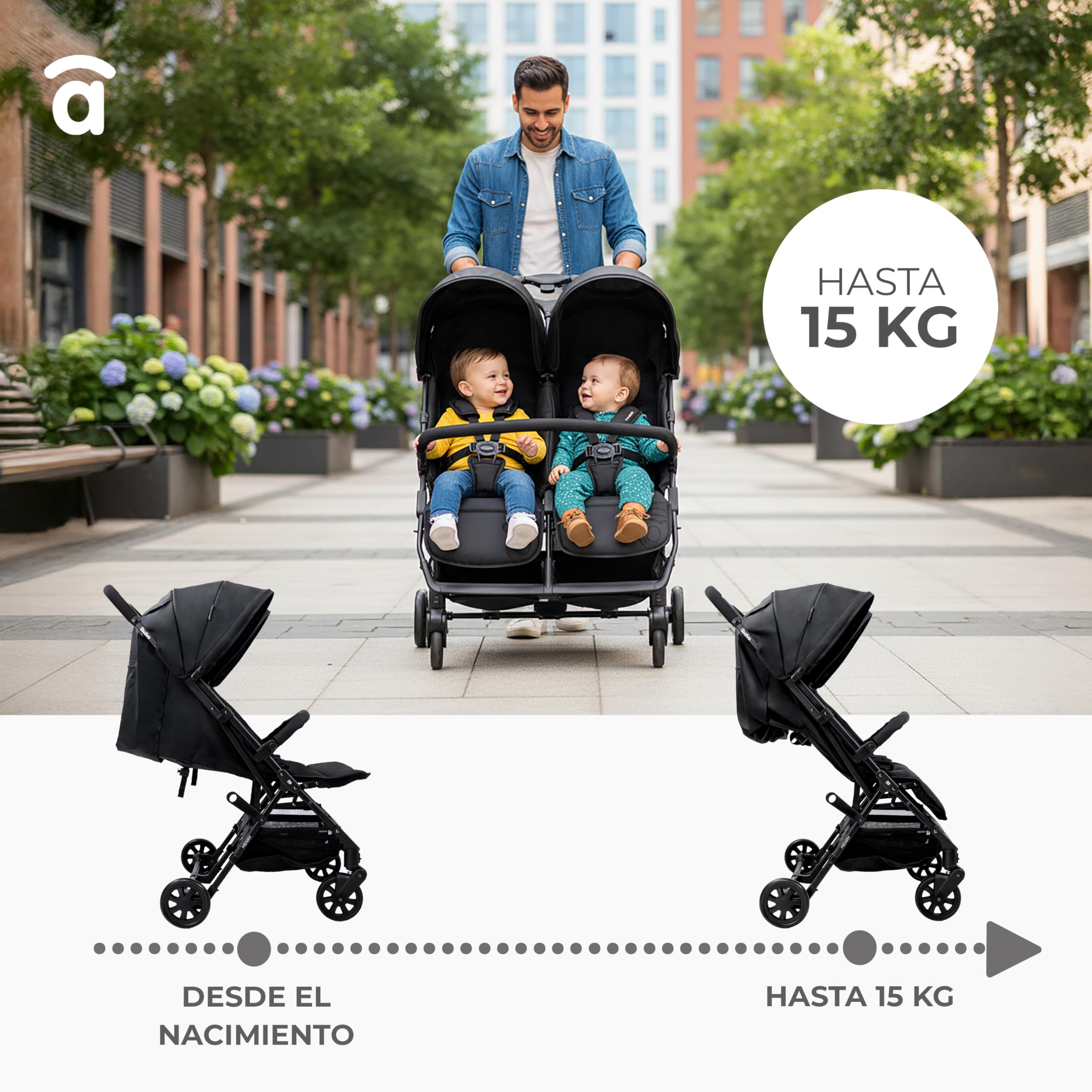 Silla de Paseo Doble para Gemelos o Hermanos, Ligera, Reclinable y Plegable con Capotas y Freno Trasero – Asalvo DOUBLE HENRY Gris