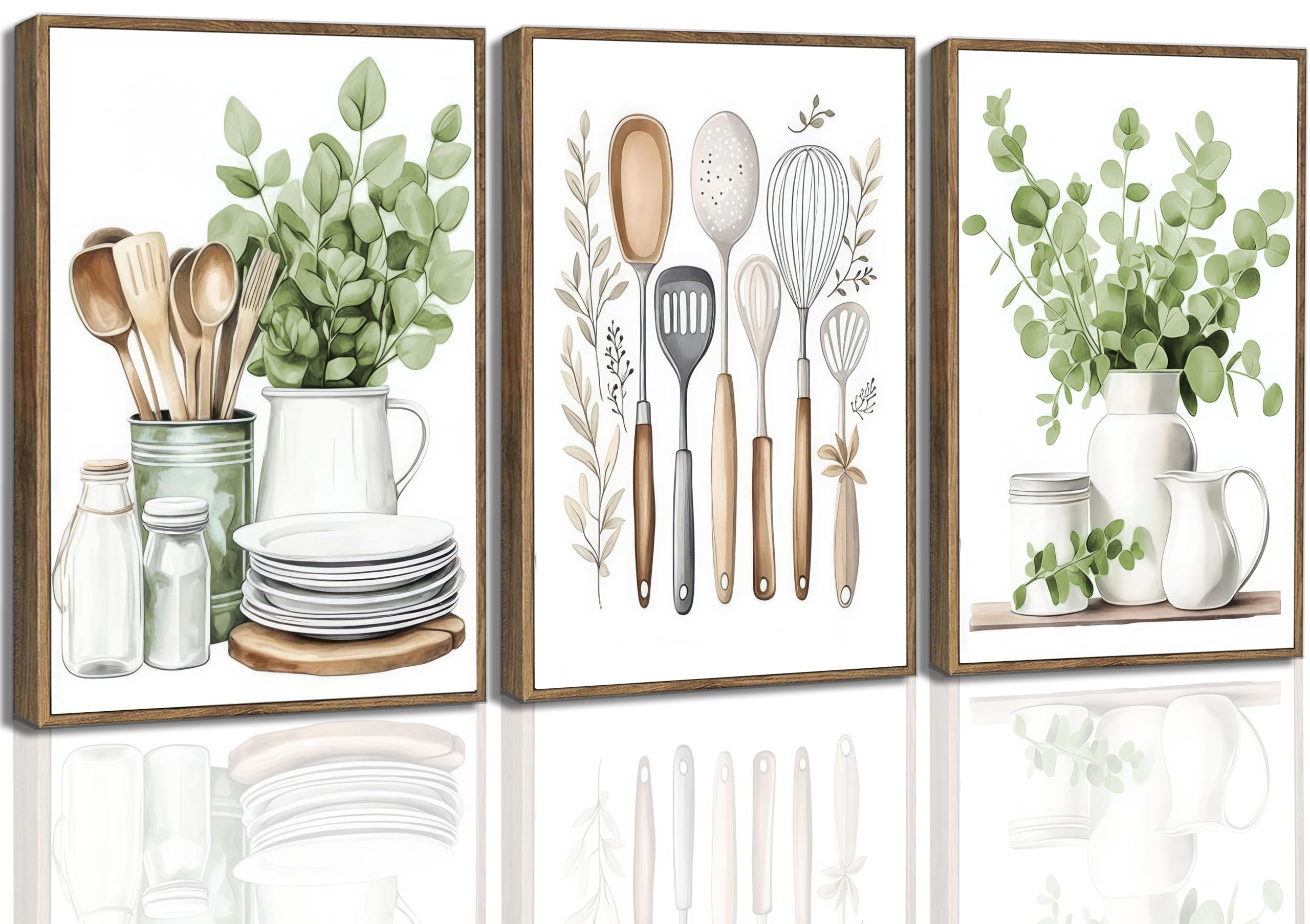 LMYSXAOZ 3Pcs Farm Sage Green Farmhouse Kitchen Canvas Wall Art Minimalist Dining Room Eucalyptus leaves plant Painting Pictures Decor For kitchen Home Decoration Unframed 20x30inch