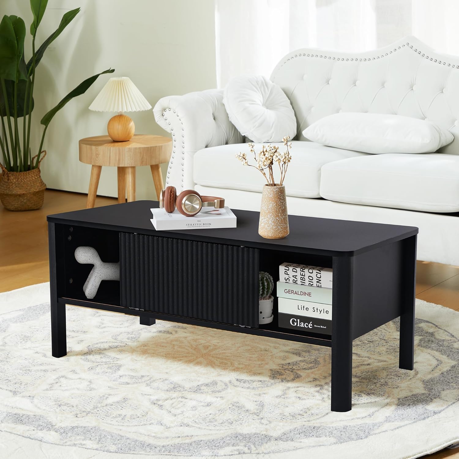 Rectangle Fluted Coffee Table with Storage and Sliding Drawers, Small Low Black Coffee Table, Mid Century Modern Coffee Table for Living Room