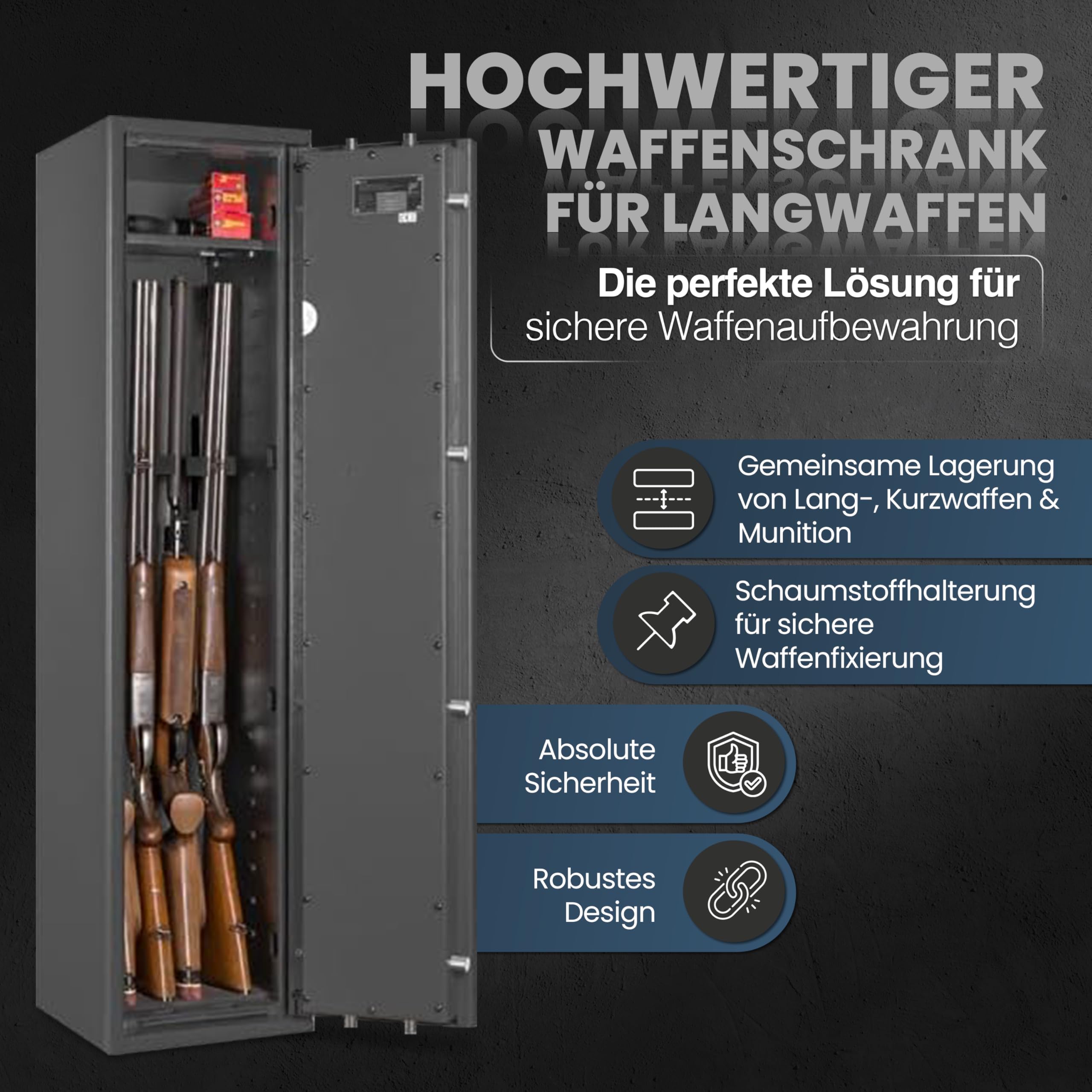 Waffenschrank EN 1143-1 Klasse 0 mit 4 Waffenhaltern, Waffentresor mit Schlüsselschloss, Tresor für Langwaffen, Kurzwaffen und Munition, Grad 0