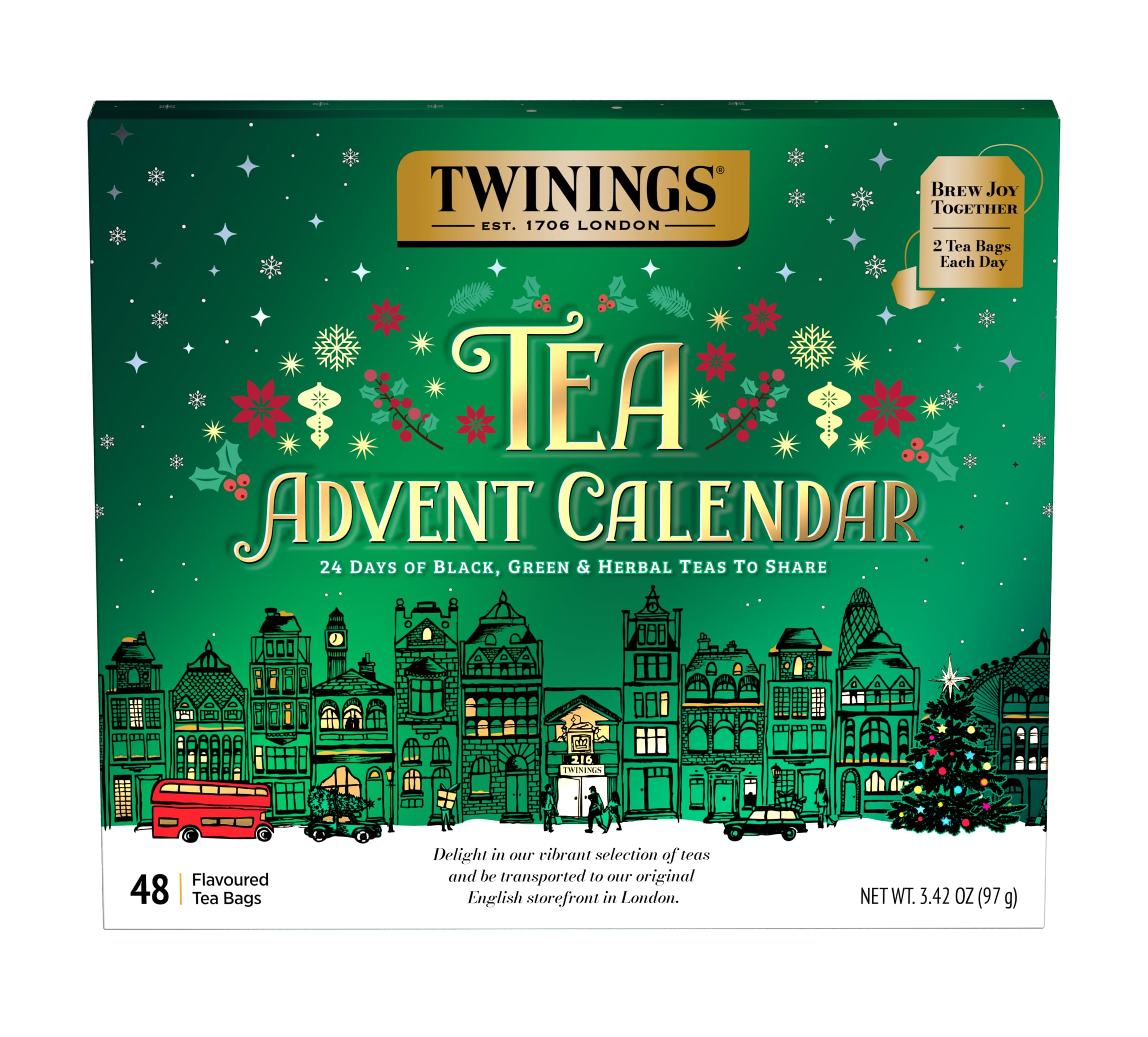 Twinings Tea Advent Calendar Gift Set, 24-Day Holiday Sampler with Black, Green & Herbal Teas, Christmas Countdown Box for Tea Lovers, Brew Joy Together, 48 Count (Pack of 1), 48 Tea Bags