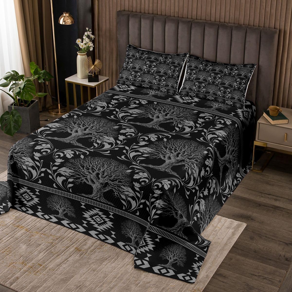 Erosebridal Crow Quilt Set Goth Witchy Damask King Bedspread Set Spooky Aztec Coverlet Sets Retro Floral Scroll Baroque Victorian Quilted,Black Dark Academia Decor
