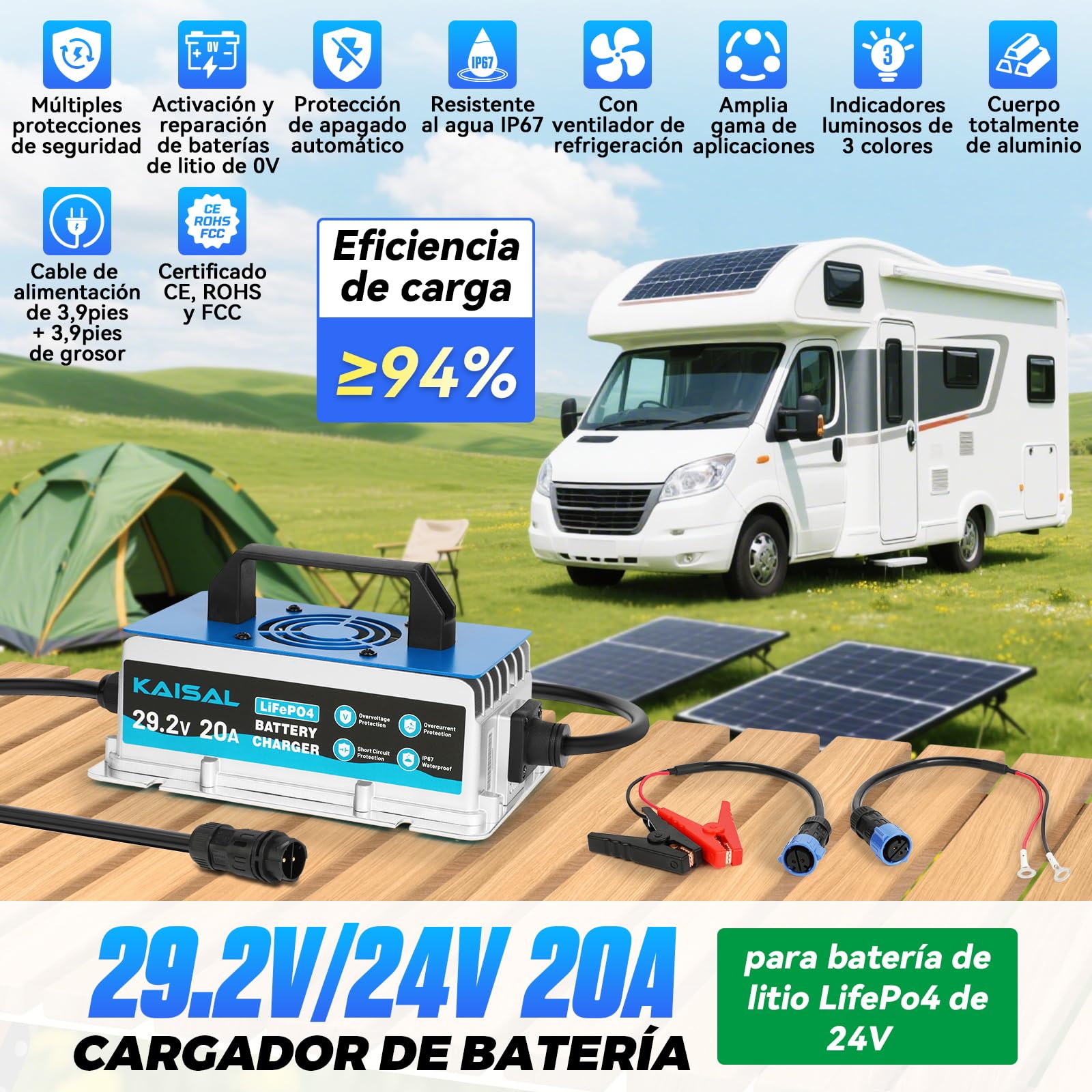 KAISAL 29.2V 20A Cargador de Bateria Litio, Cargador de Baterías LiFePO4 para 24V(25.6V) Batería Litio, Impermeable IP67, 24V Cargador Inteligente para Carrito de Golf, Autocaravanas, Barcos, Solar