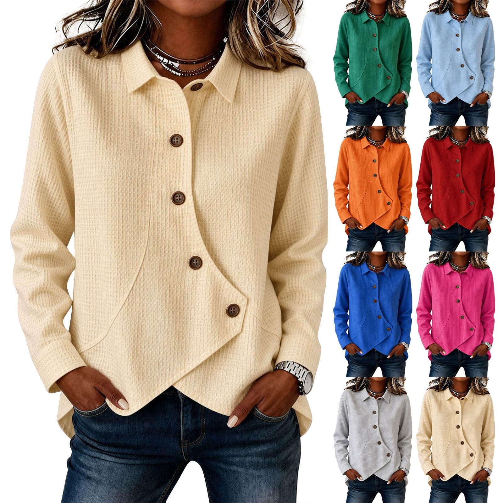 Generisch Blusa elegante para mujer, diseño gofre, manga larga, cuello de | Blusa de mujer atemporal con dobladillo asimétrico, elegante para la oficina y paseos por la ciudad y ocasiones especiales