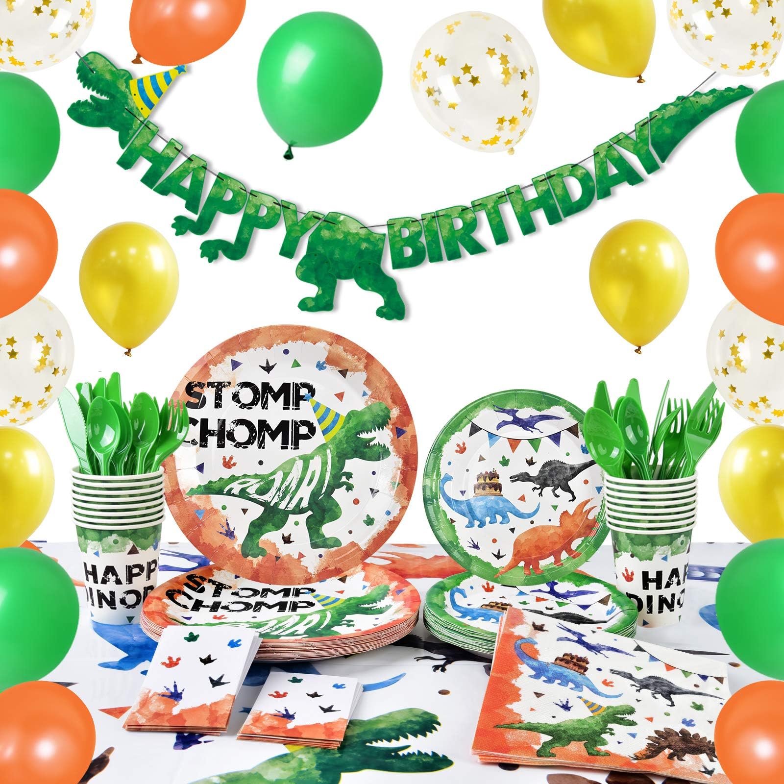 Watercolor Dinosaur Party Supplies - Dino Theme Birthday Party Decoration for Boys Birthday Banner Balloons Plates Cups Napkins Cutlery Bag Table Cover Tableware Utensils Serves 16 Guests 153 PCS