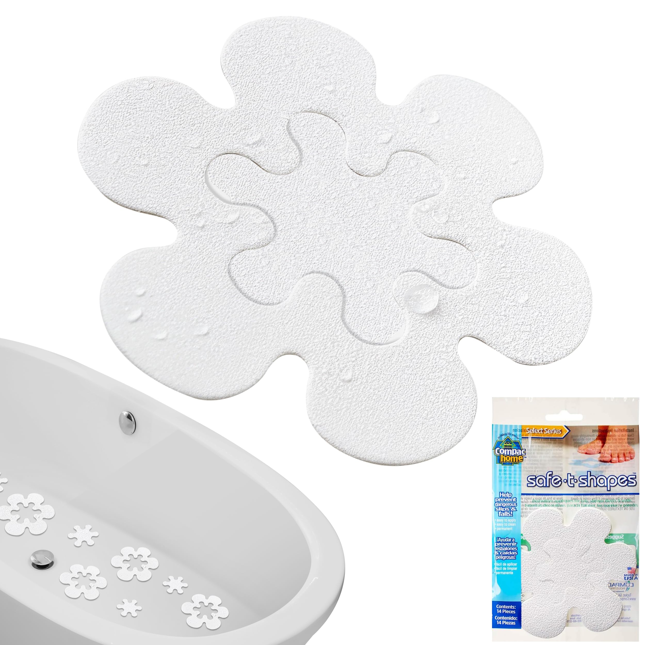 Compac Select Safe T Shapes - Adhesivos para bañera y bañera, diseño antideslizante y funcional, para bañeras, pegatinas de baño para evitar que los niños se deslicen (margaritas grandes, blancas, 14 aplicaciones)