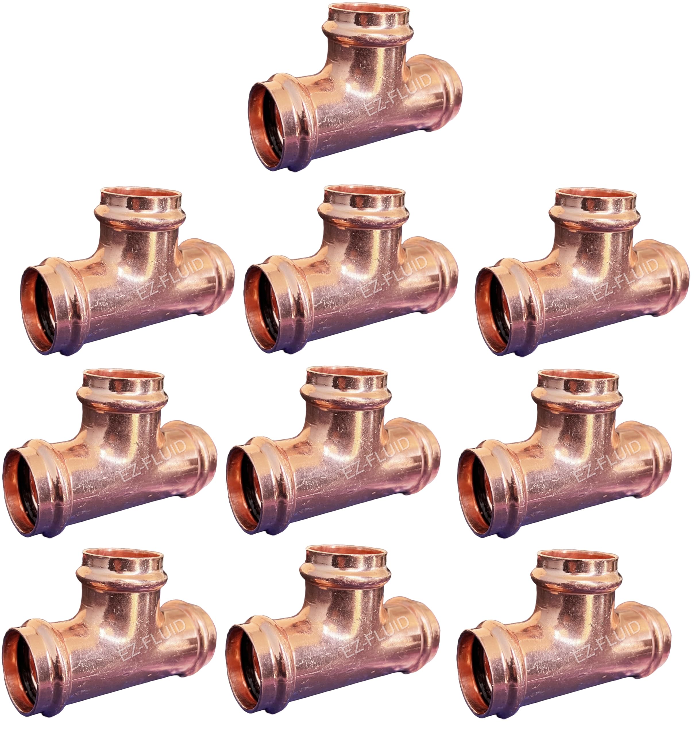 EZ-FLUID 1/2" Copper Press Tee Fitting,No Lead ProPress Copper Pressure Press 3 Way Tee Fittings,ProPress Press Copper Fitting Connection,Residential,Commercial Plumbing(10)