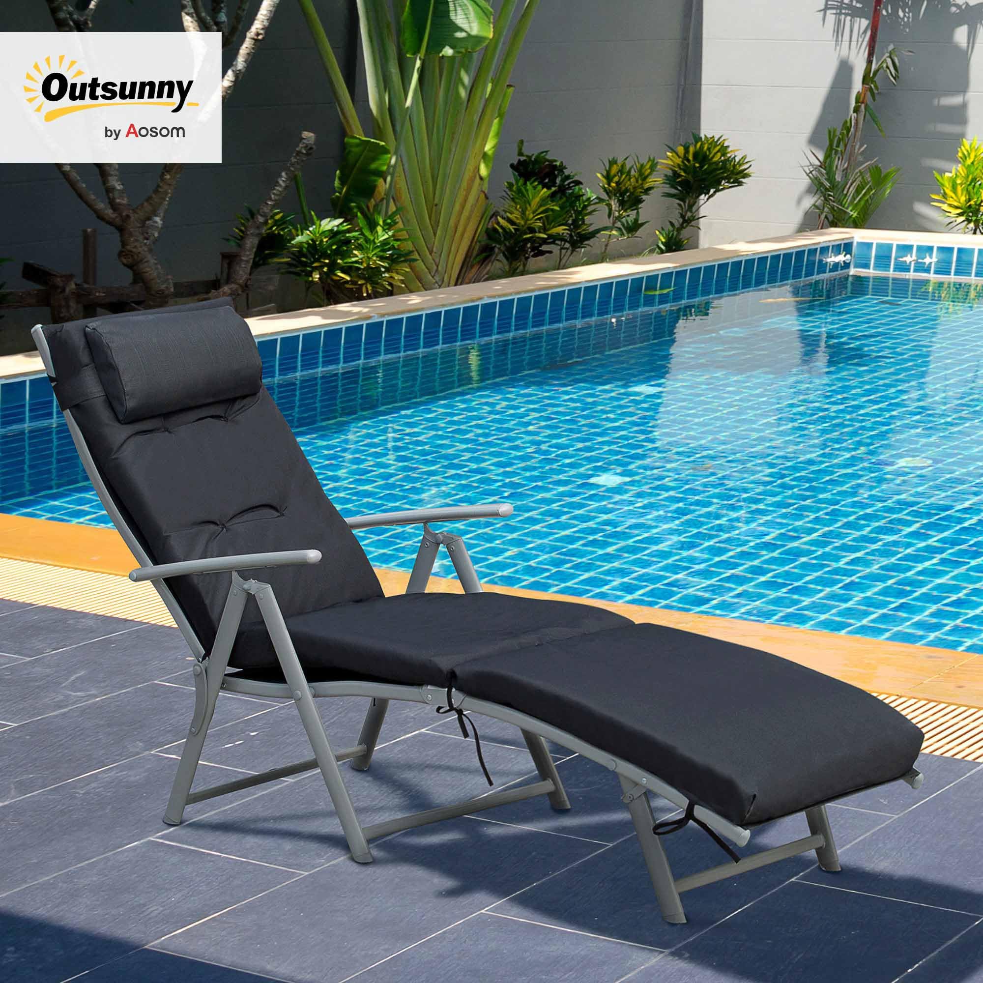 Outsunny Bain de Soleil Pliable Transat 7 Positions Charge 165 kg Noir | Inclinable, Chaise Longue, Dossier, Coussin, Appui-tête, Accoudoirs, Métal Époxy Textilène Polyester, pour Jardin, Piscine