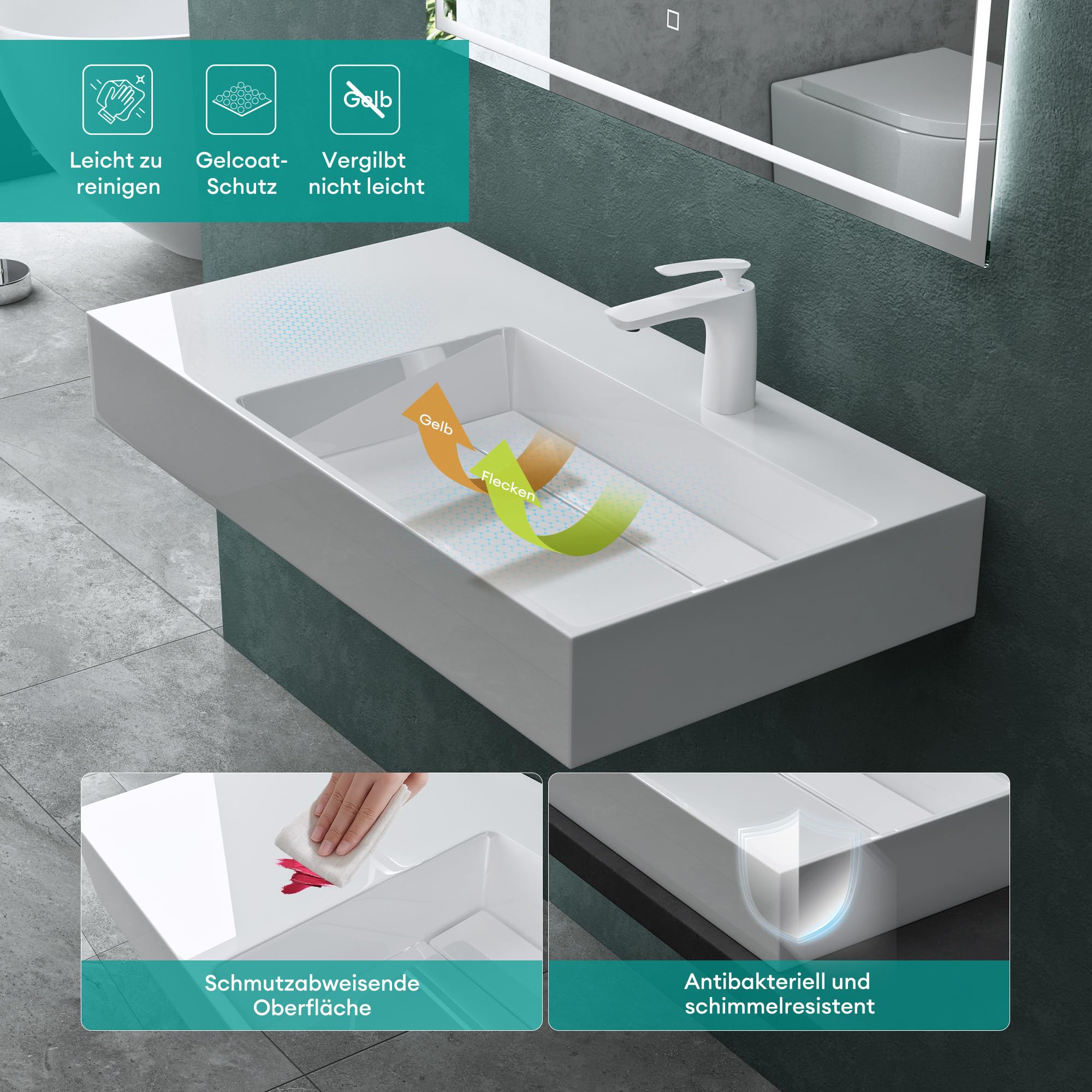 Mai & Mai Lavabo sobre Encimera Lavabo Derecho Suspendido Baño | Rectangular | Blanco Brillante | Mármol Fundido | 75x43x14cm | 1 Orificio para Grifo sin Rebosadero | Colossum12