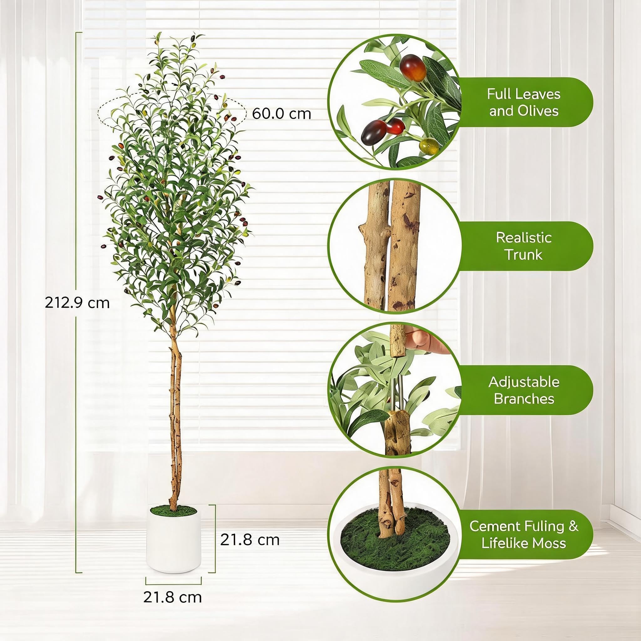 Garvee Set mit 2 künstlichen Olivenbäumen, 213,36 cm, künstlicher Olivenbaum mit Echtholzstamm und realistischen Früchten, hohe künstliche Zimmerpflanze mit weißem Topf, Dekoration für Zuhause und