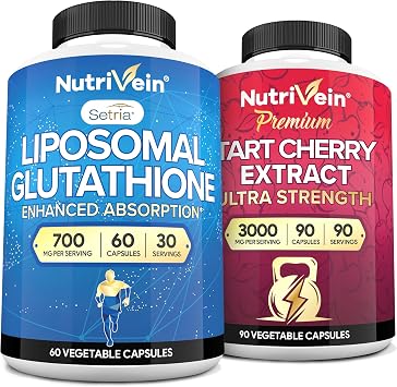 Nutrivein Premium Liposomal Glutathione Supplement & Tart Cherry Capsules Bundle High-Absorption Glutathione Liposomal Supplement & Tart Cherry Extract Capsules for Detox, Recovery, Defenses