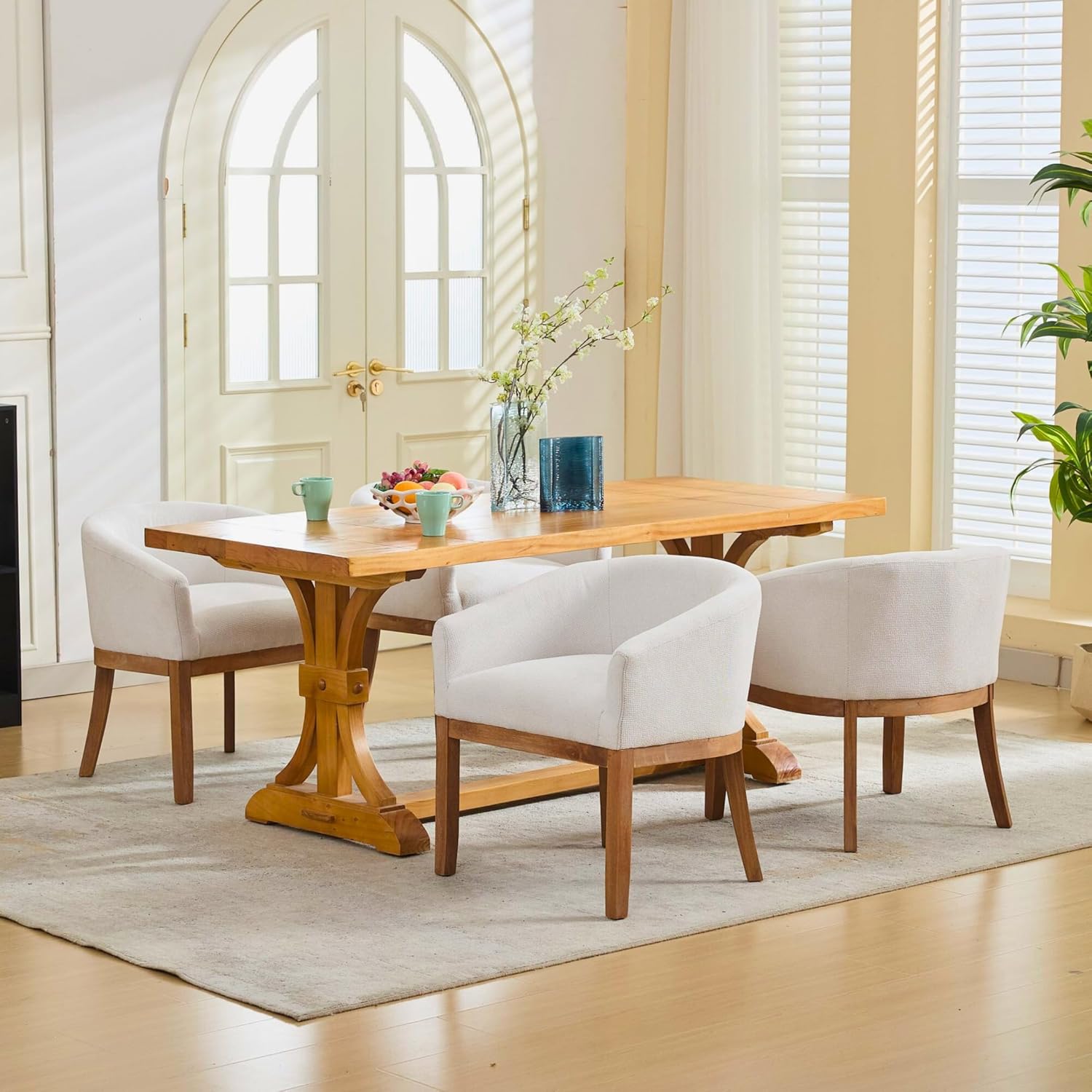 Mid Century Modern Upholstered Barrel Chair with Arms - Farmhouse Linen Dining Chair, Natural Hardwood Frame, Accent Chair for Kitchen, Dining Room & Living Room (Beige)