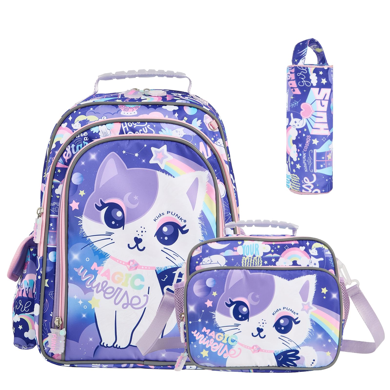 KidsPUNK 16 Inch Girls Backpack with Lunch Box and Pencil Case 3 in 1 Cute Purple Cat Backpacks for Girls Kindergarten Preschool Elementary Kawaii