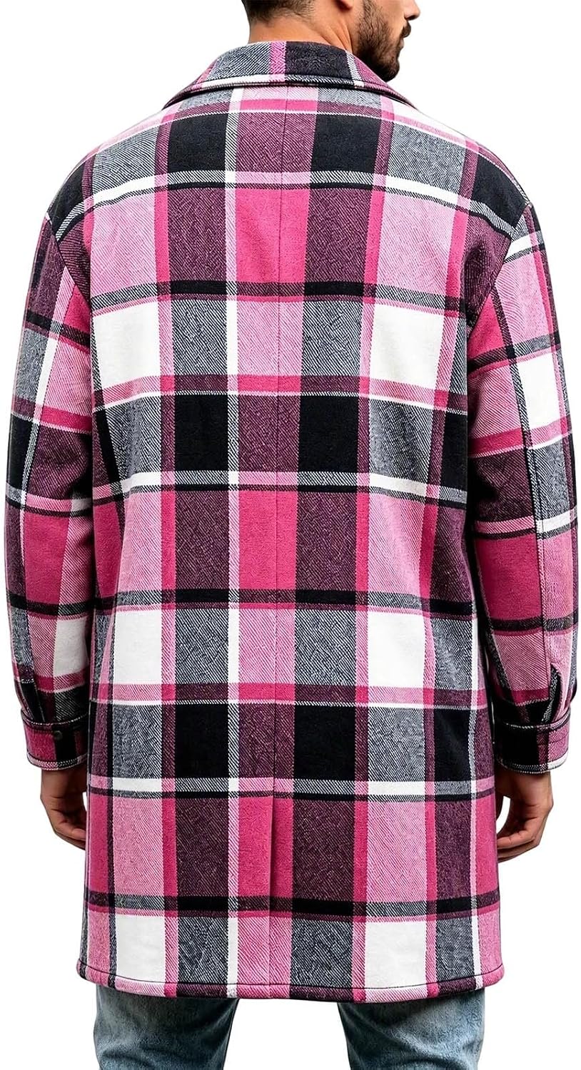 Men's Plaid Button Front Shacket Collared Retro Longline Shirt Coat