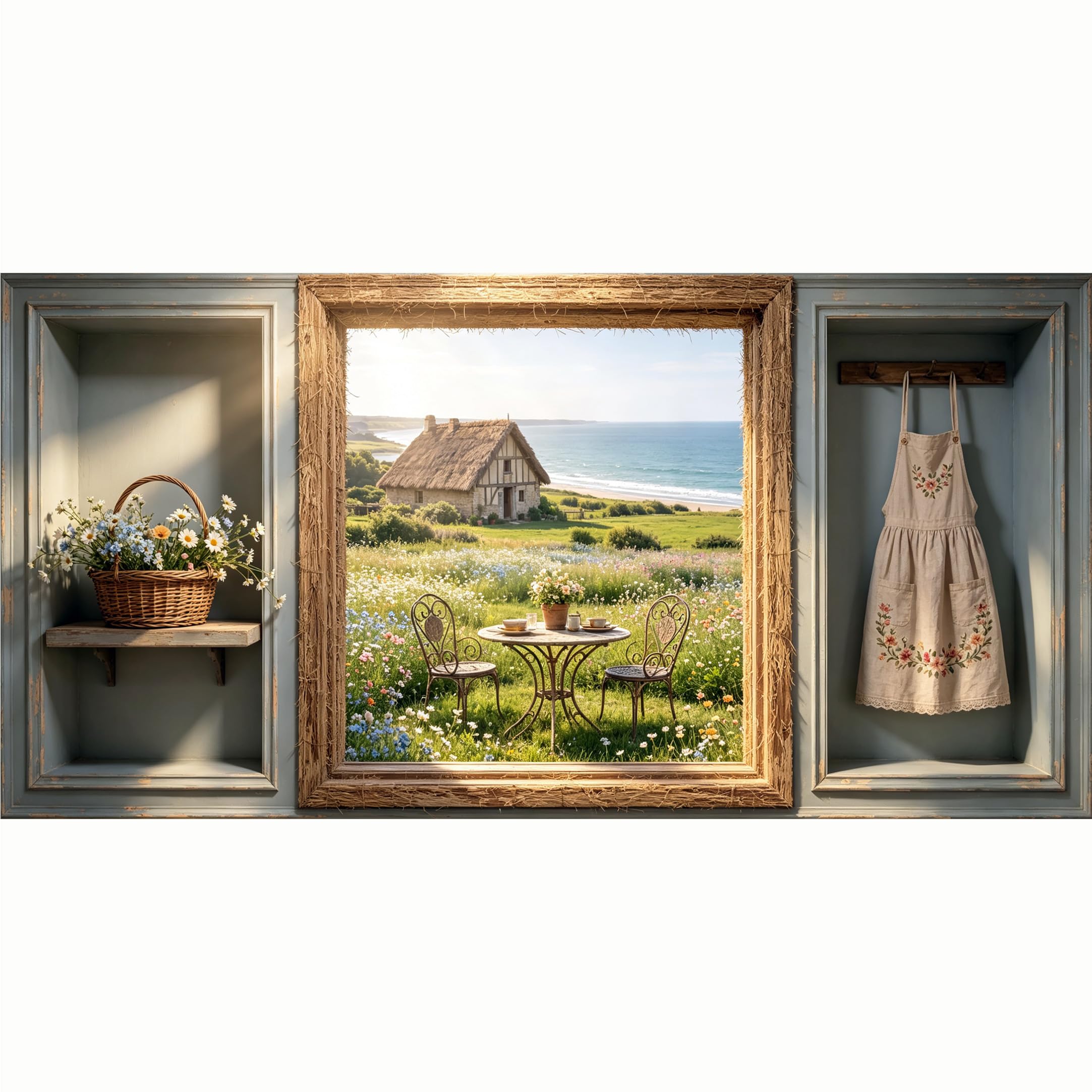 QZLITHOTIC 50x100cm 3D Framed Wall Art， Coastal Farmhouse Meadow Cottage Sea View SelfAdhesive Mural， Water‑Activated Peel & Stick Fabric Decor Wall Decal for Bedroom Living Room