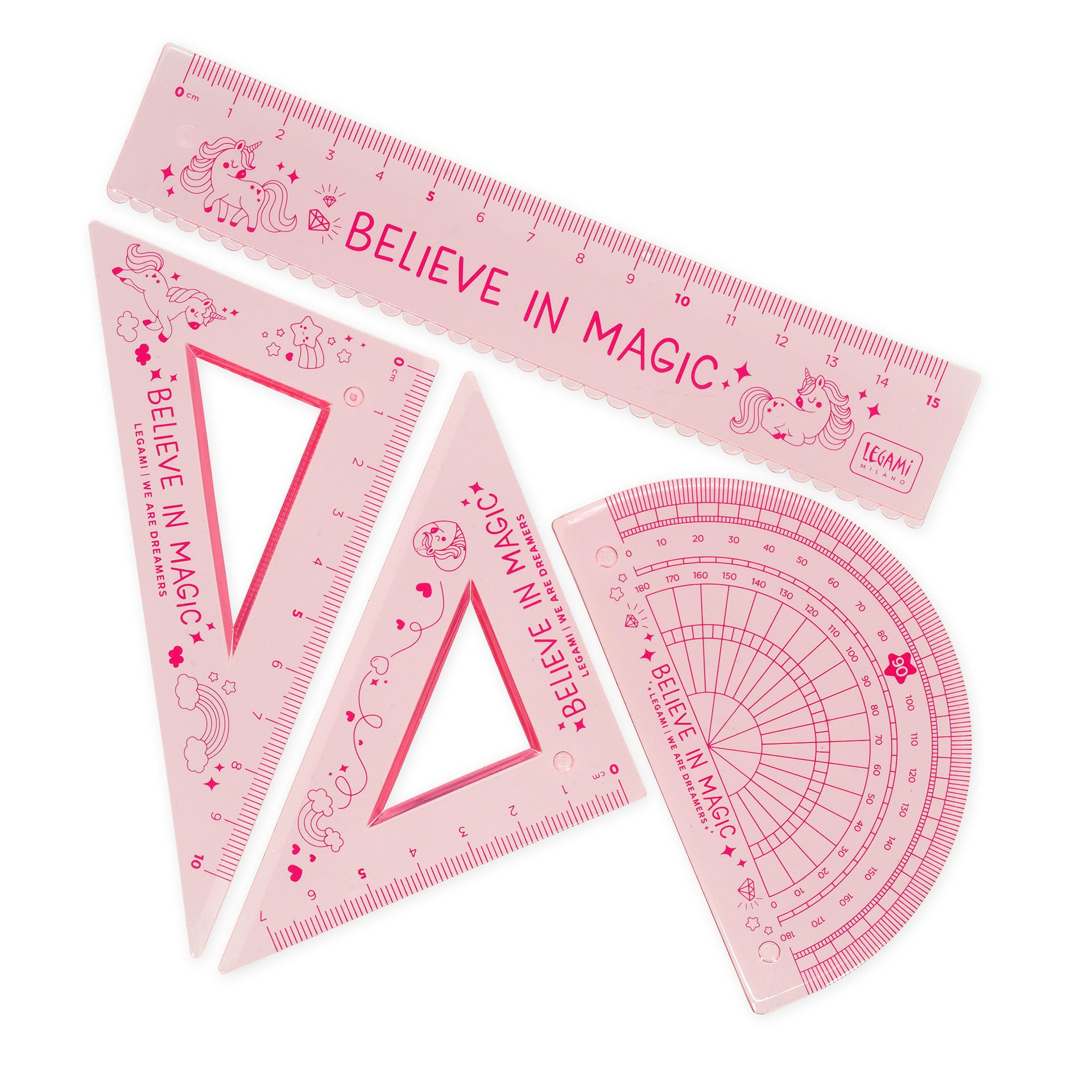 Legami - Juego de geometría, juego con regla de 15 cm, cuadrado de 60° de 10 cm, goniómetro de 180° para la escuela, estuche incluido, material flexible, Tema Unicorn