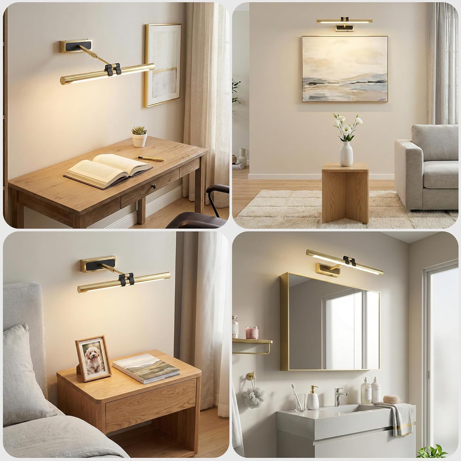 Brass Picture Light for Wall - 24inch Dimmable & Rechargeable Art Light with Extendable Arm, 25H Light Time, Angle Adjustable, 3 Color Temperatures Timer - Perfect for Paintings and Home Decor