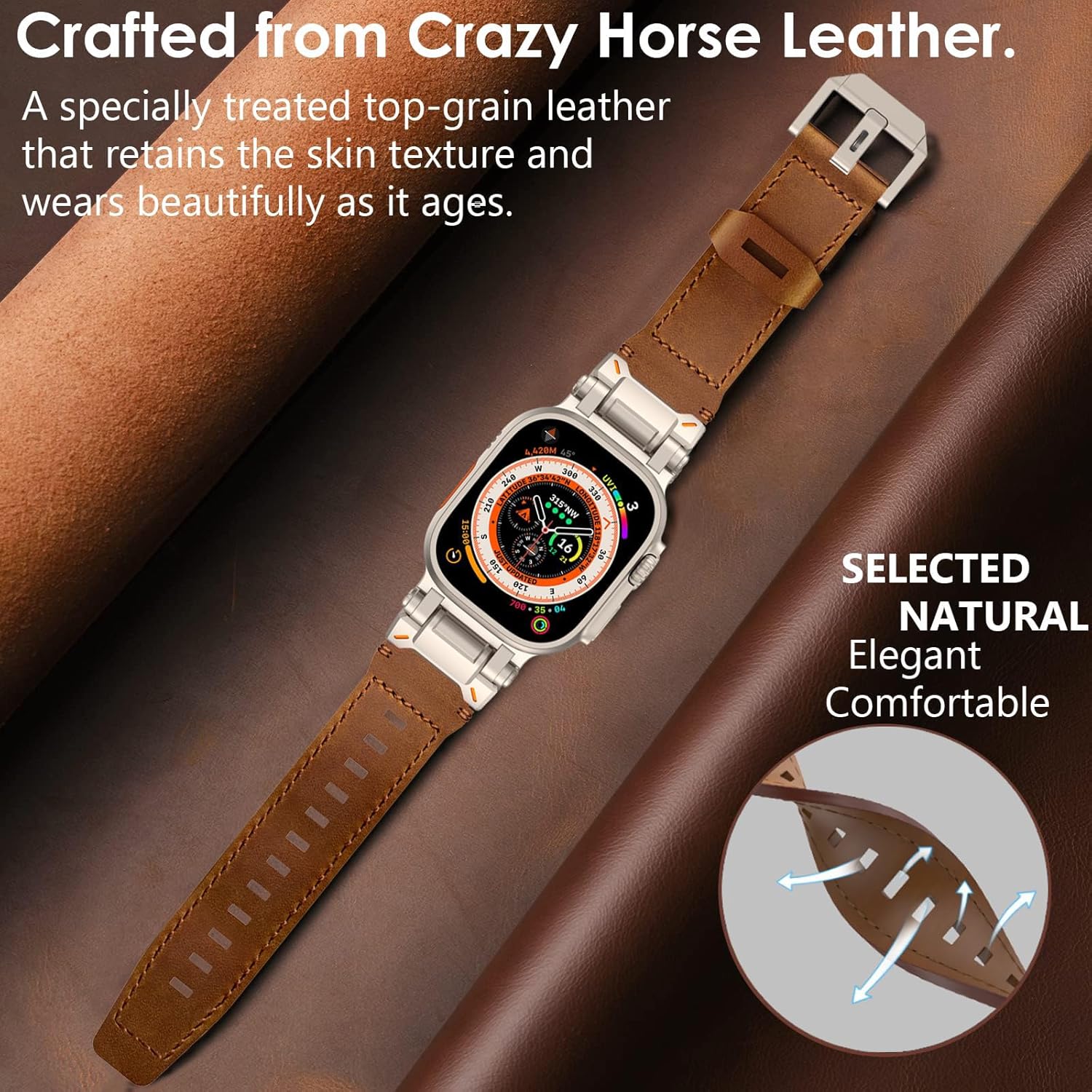 WINGLE Leather Bands for Apple Watch Band Ultra 3/2/1 Band Ultra 49mm Series 11 10 46mm 45mm 44mm 42mm SE 3/2/1 9 8 7 6 5 4 3 2 1 Men, Genuine Leather Rugged Metal Connector Apple iWatch Sport Bands