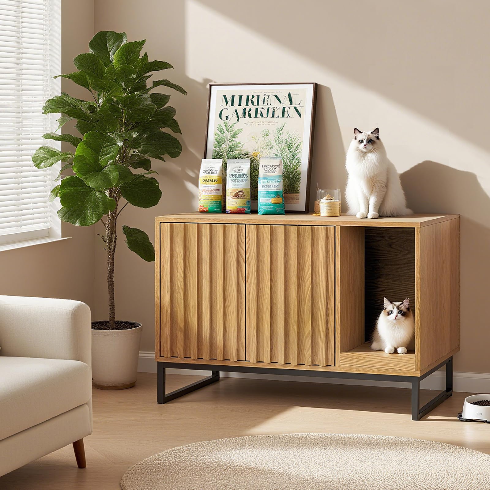 Vabches Litter Box Enclosure, Modern Fluted Cat Hidden Litter Box Furniture with Scratch Pad, Cat Washroom House End Table for Living Room, Natural - image 3