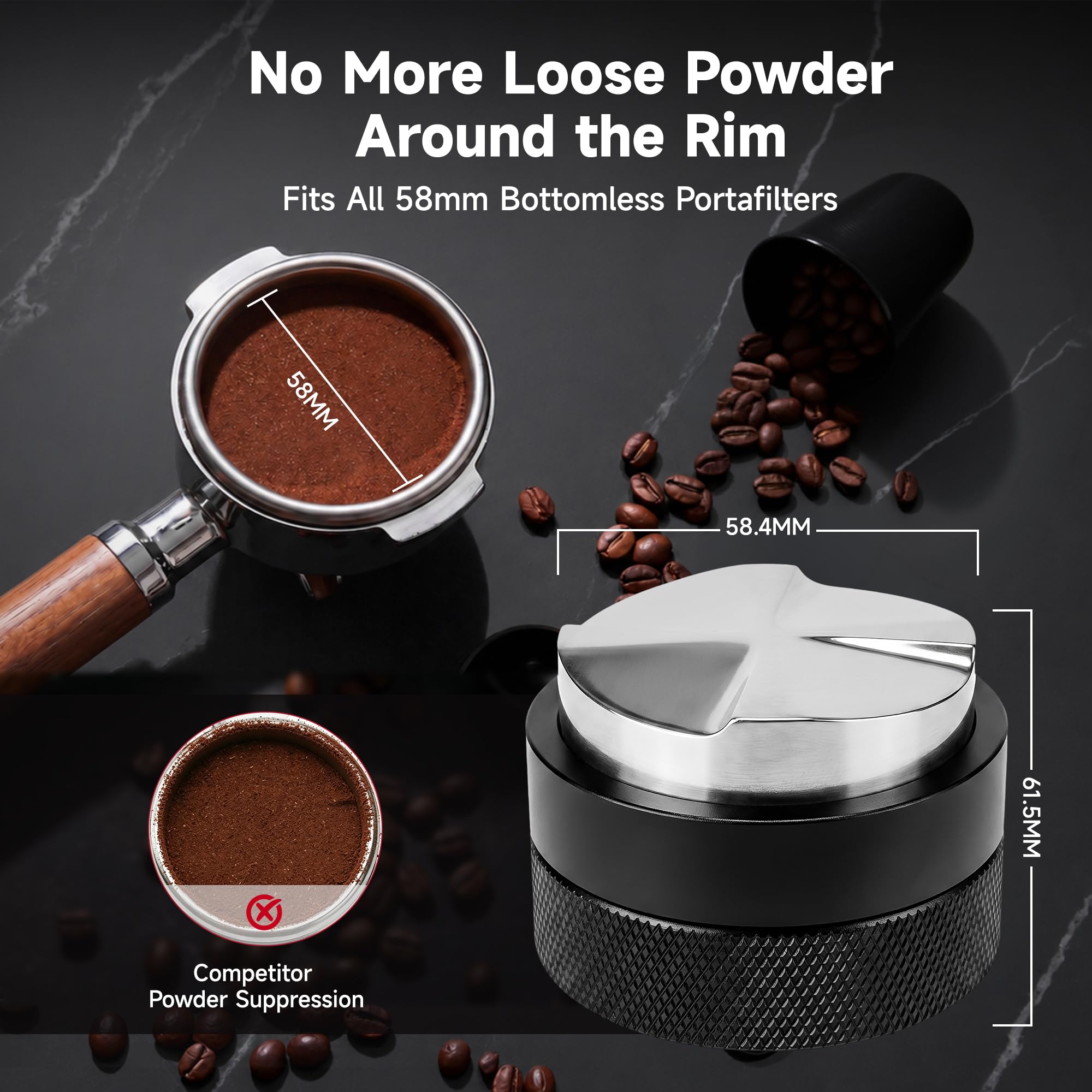 HiBREW Distribuidor de espresso basado en gravedad de 58,5 mm, distribución autonivelante, se adapta a todos los portafiltros sin fondo de 58 mm, aluminio anodizado con base de acero inoxidable de 4