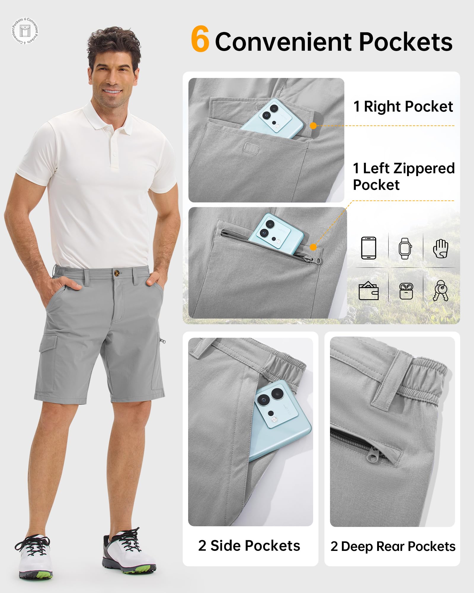 33,000ft Herren Outdoor Shorts mit 6 Taschen Sommer Wandershorts Stretch Cargo Shorts Bermuda Kurze Hose Golfshorts Atmungsaktive Capri für Wandern Radfahren