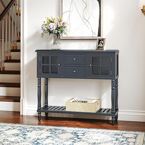 Miniatura 5 de ARTPOWER Mesa consola para entrada con 2 cajones, montaje mínimo, mesa de entrada retro azul con armarios de almacenamiento de puerta de vidrio y