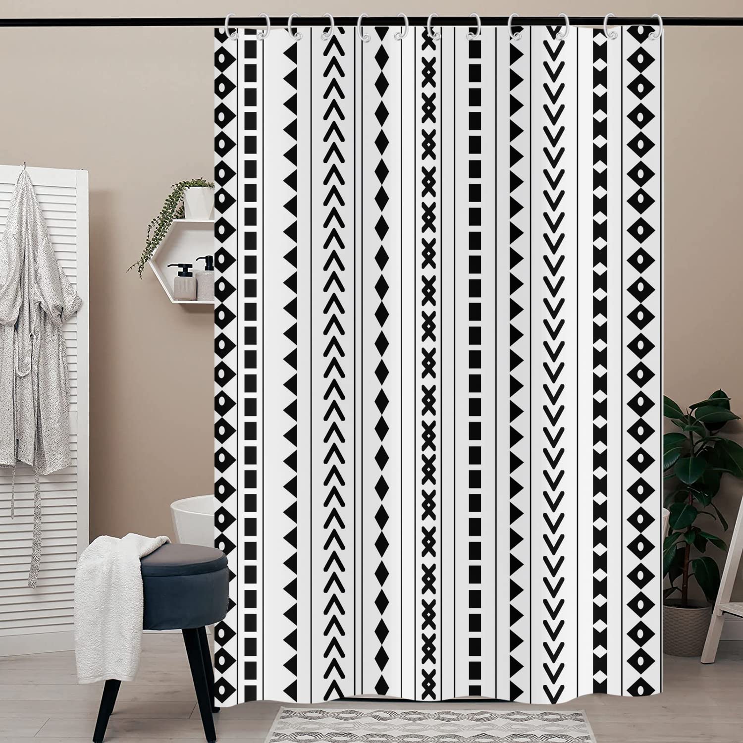 Hnmdmyi Boho Shower Curtain 200x180, Black and White Shower Curtains Farmhouse Geometric Tribal Bohemain Bathroom Curtains with Hooks Waterproof Polyester Fabric Washable Bath Curtains for Wet Room