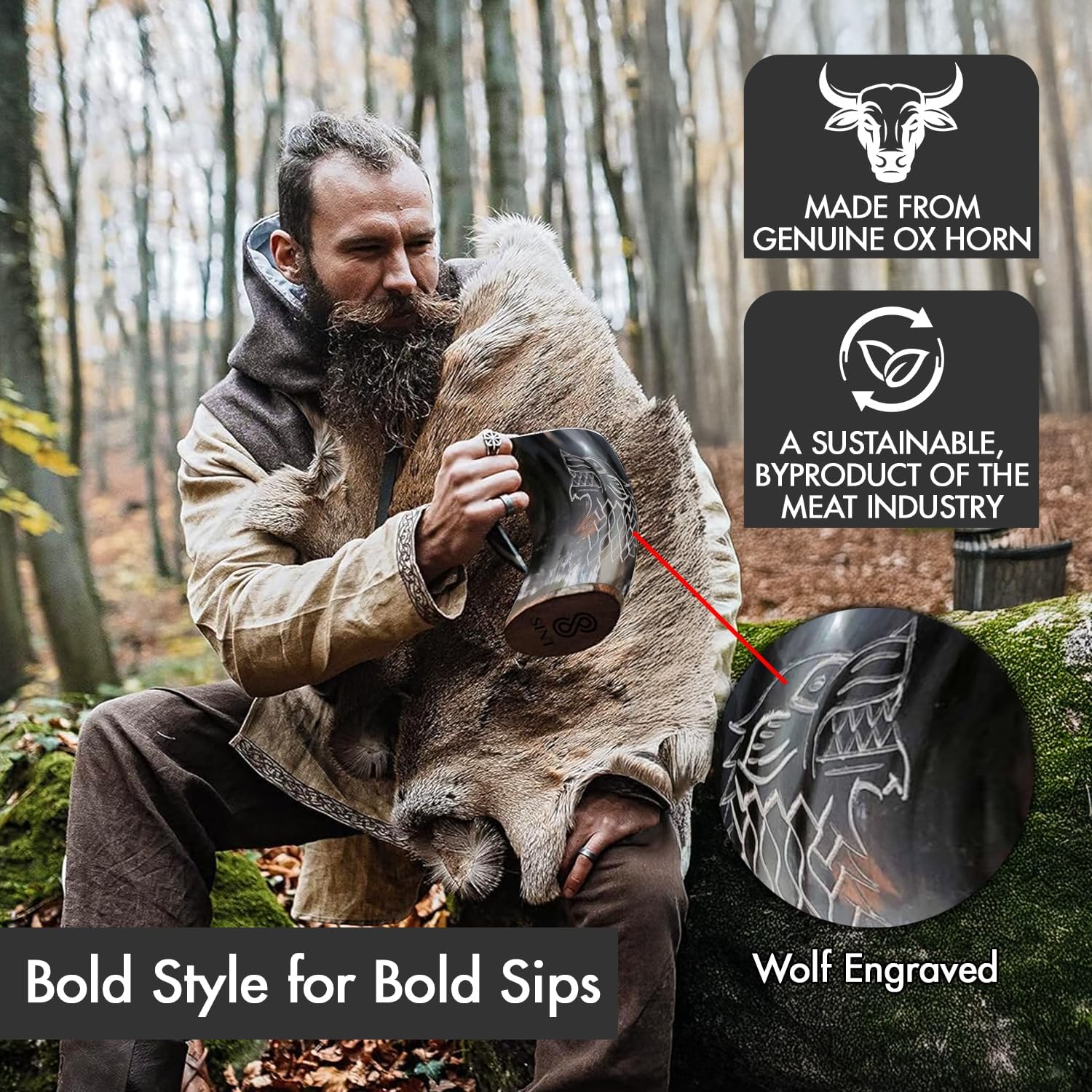 Viking Horn Mug With Gift Bag - Food Grade Medieval Style Man's Beer & Mead Cup (The Wolf/Fenrir-Engraved Polished)