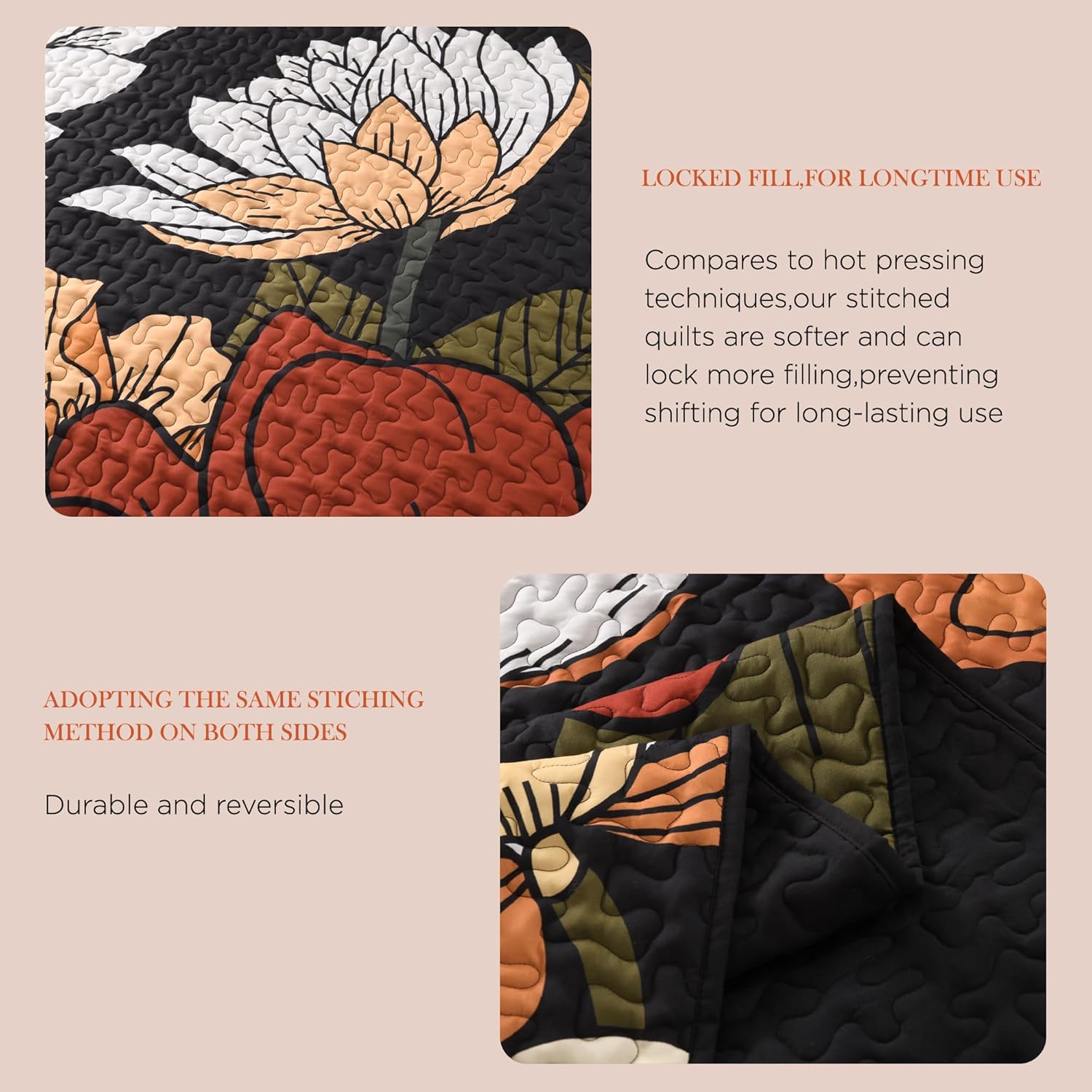 Andency Floral Boho Quilt King Size Bedding Set Black, 3 Pieces Farmhouse Flower Botanical Summer Bedspreads with 2 Shams, Soft Reversible Lightweight Microfiber Coverlet Set for All Season, 106"x96" - Image 8