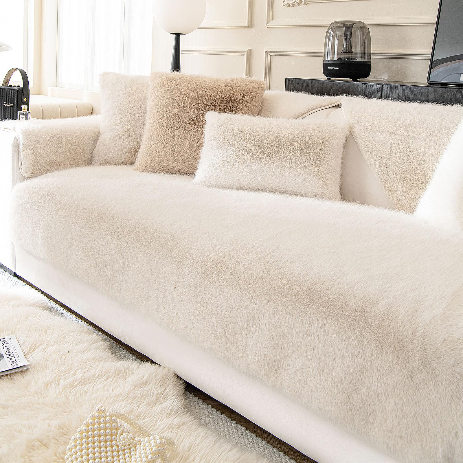 ShowyLive Funda Sofa Chaise Long, Fundas para Sofa 1 2 3 4 Plazas Protector de Cubre Sofa- Fundas de Terciopelo Suave Antideslizante Antiarañazos para Perros Gatos (90 * 180 CM, Beige)