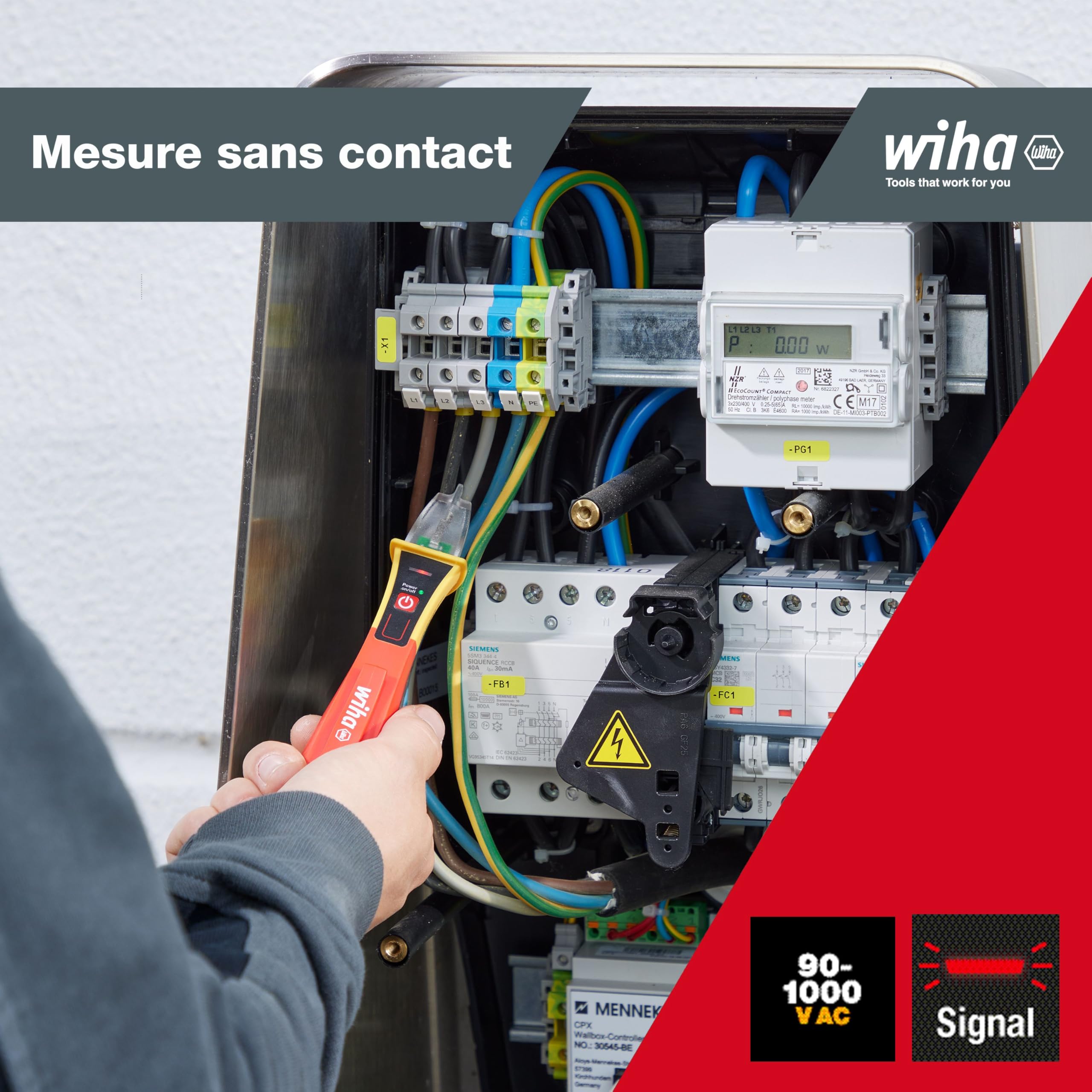 Wiha Détecteur de tension Volt sans contact, unipolaire, 90-1 000 V Courant Alternatif I Testeur de phase à signal optique (43798)