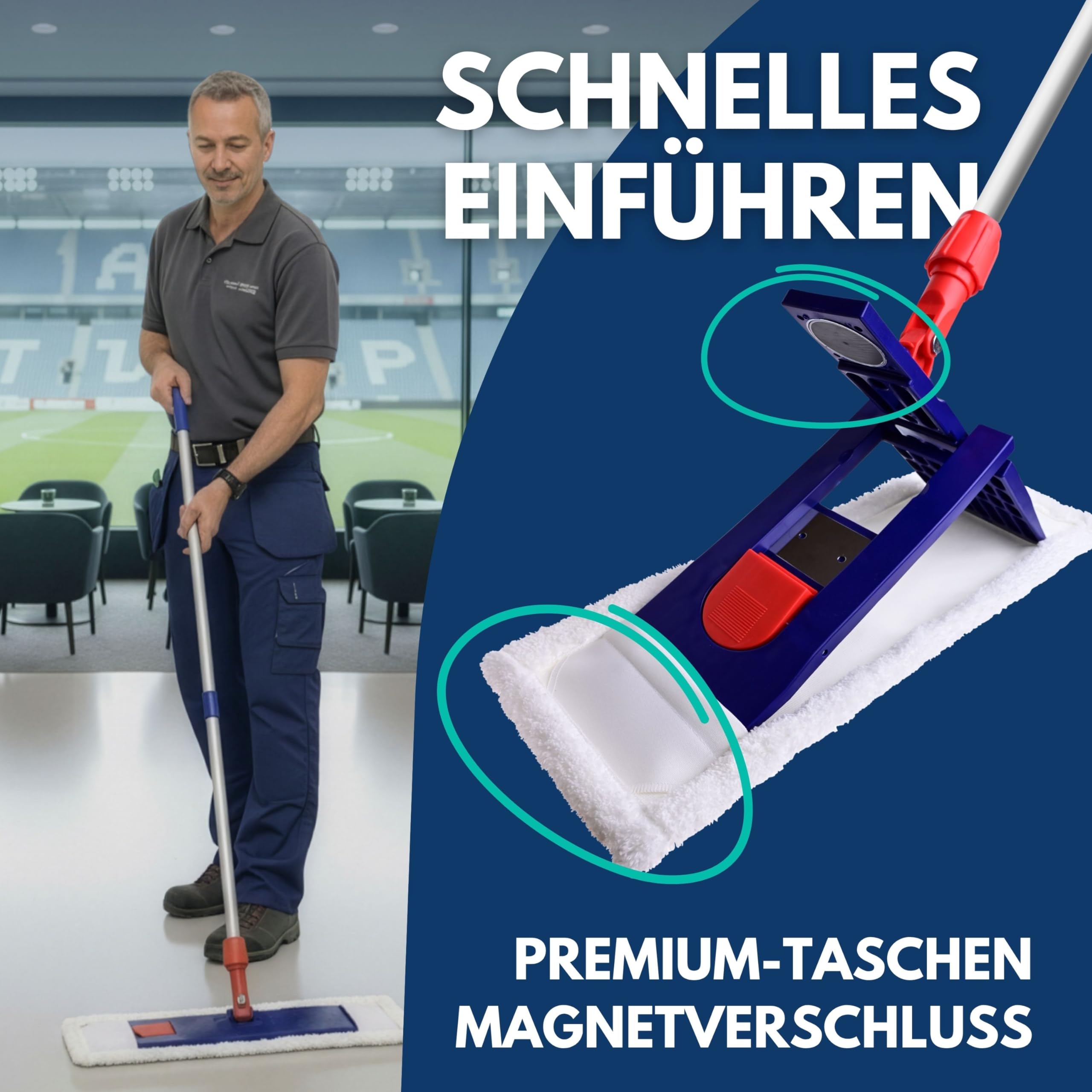 SONTY Profi Wischmopp 50 cm Set – Bodenwischer mit Magnet Klapphalter, 50 cm Microfaser Wischbezug & verstellbarem Alu Moppstange | Wischmop für Gewerbe, Gastro, Haushalt & Hartböden