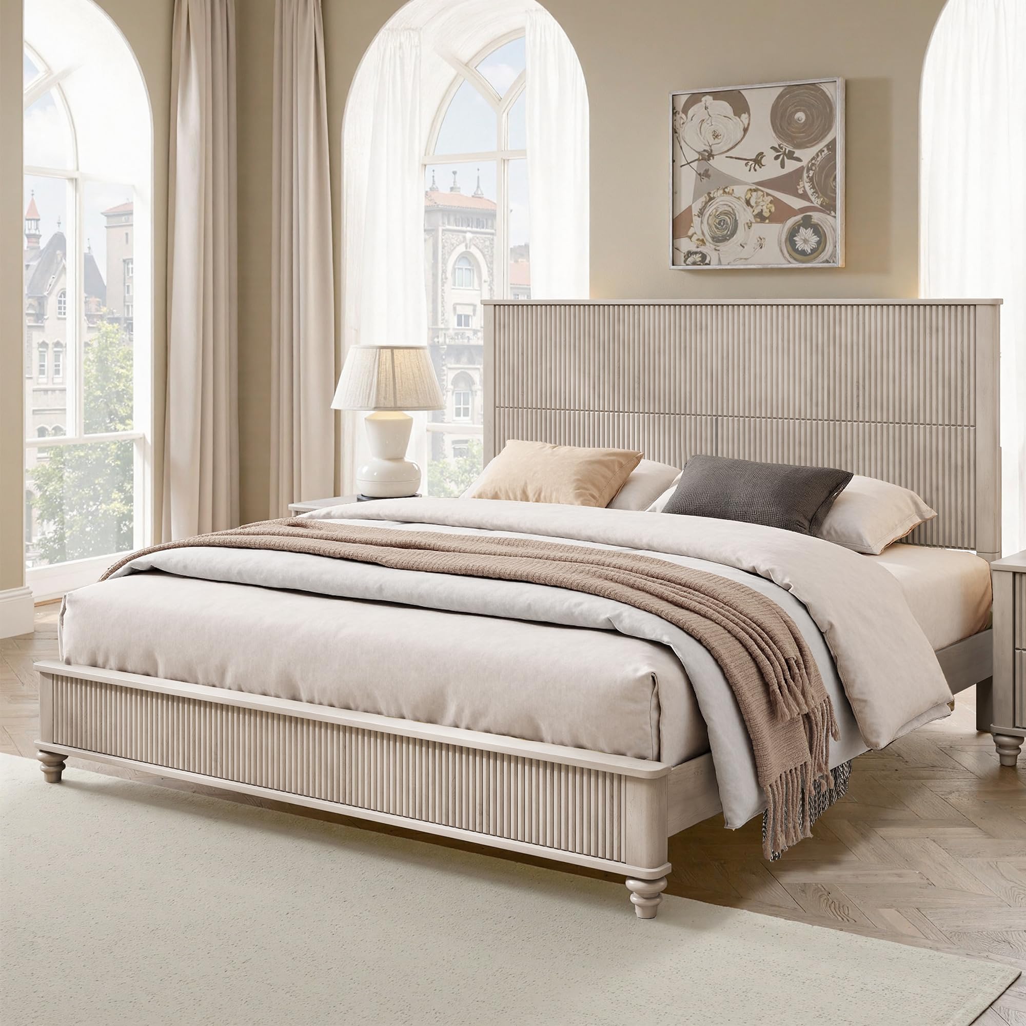 King Size Platform Bed with Tall Headboard & Footboard,Rubber Wood King Bed Frame with Wood Panel Bed Base, Solid Wood Legs,No Squeak, No Box Spring Needed, Beige Beige King