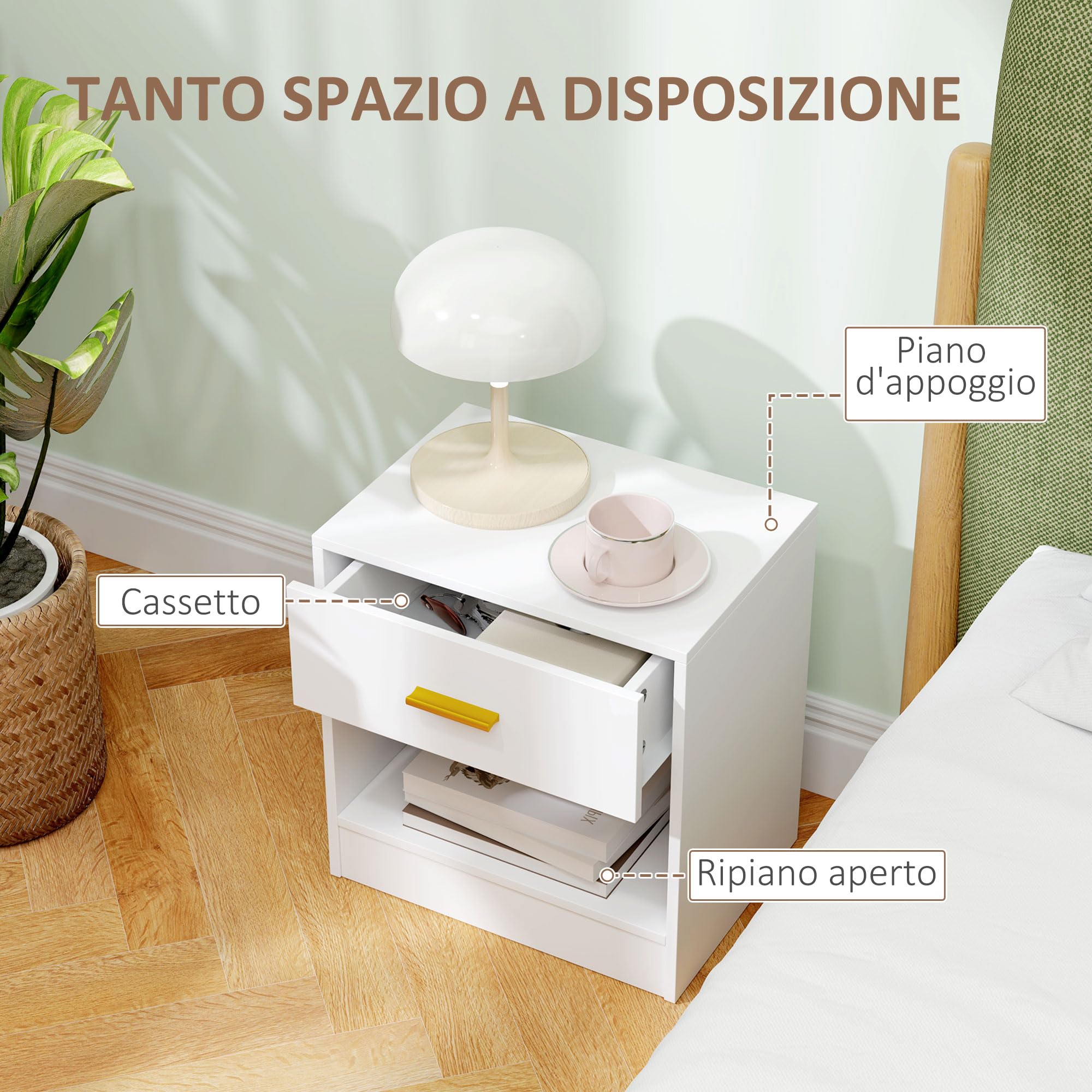 HOMCOM Set 2 Comodini Moderni con Cassetto Truciolato 39x28x41 cm Bianco | Ripiano Aperto, Comodini per Camera da Letto