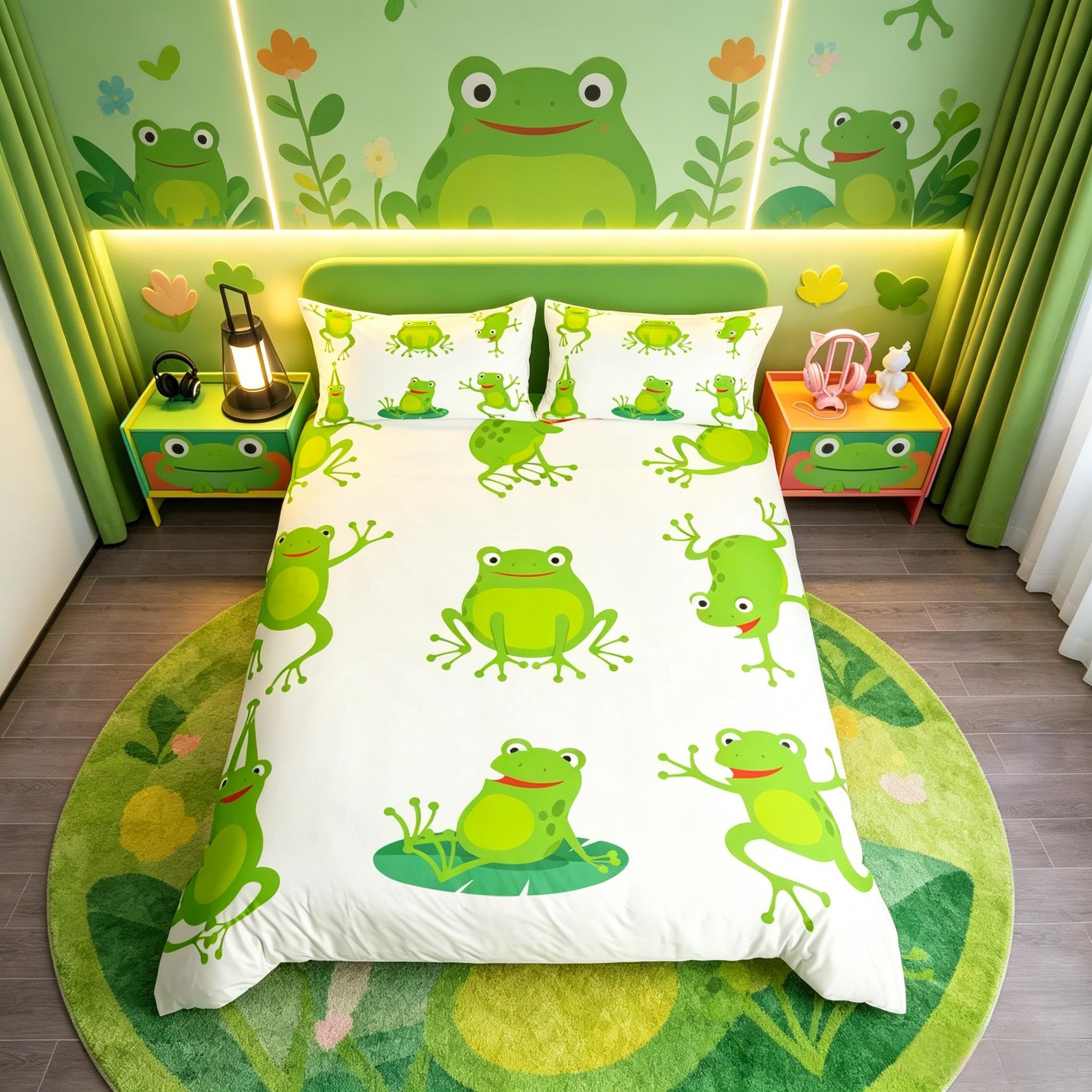 Loussiesd Frog Print Bedding Set Cute Cartoon Animal Pattern Duvet Cover for Children Boys Girls Microfiber Green Leaf Frog Bedspread Cover Nature Theme Room Decor Bedclothes Single